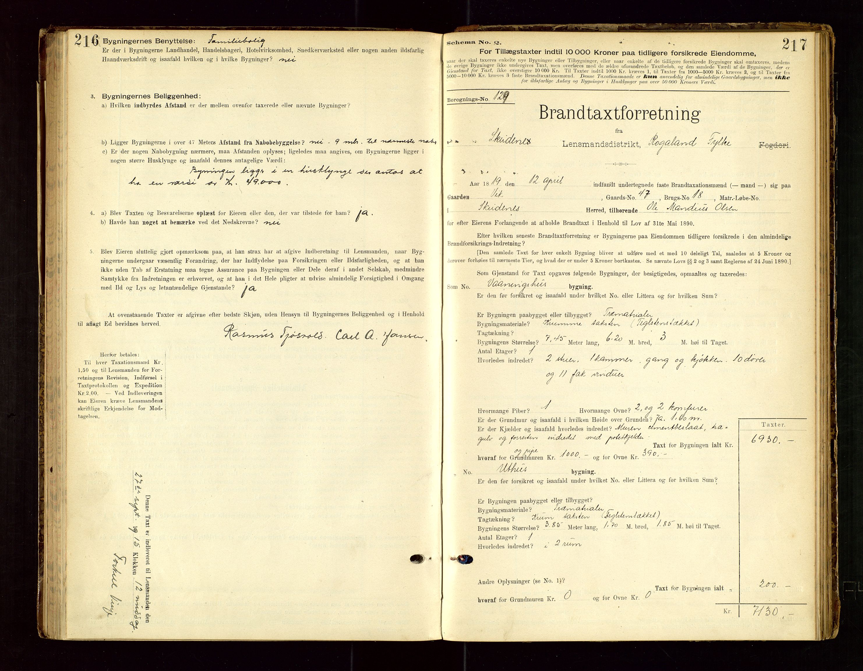 Skudenes lensmannskontor, SAST/A-100444/Gob/L0001: "Brandtaxationsprotokoll", 1895-1924, s. 216-217