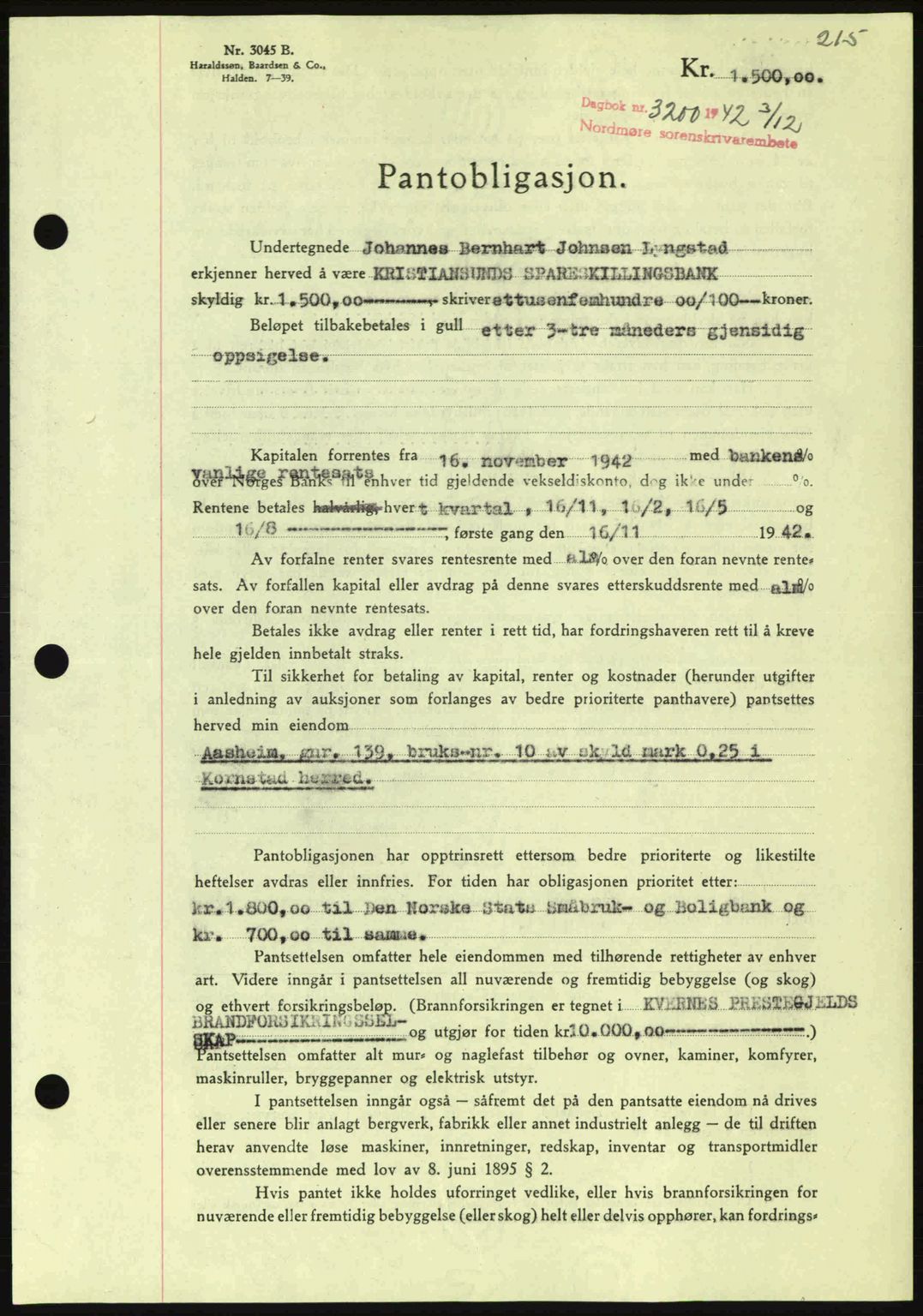 Nordmøre sorenskriveri, SAT/A-4132/1/2/2Ca: Pantebok nr. B90, 1942-1943, Dagboknr: 3200/1942
