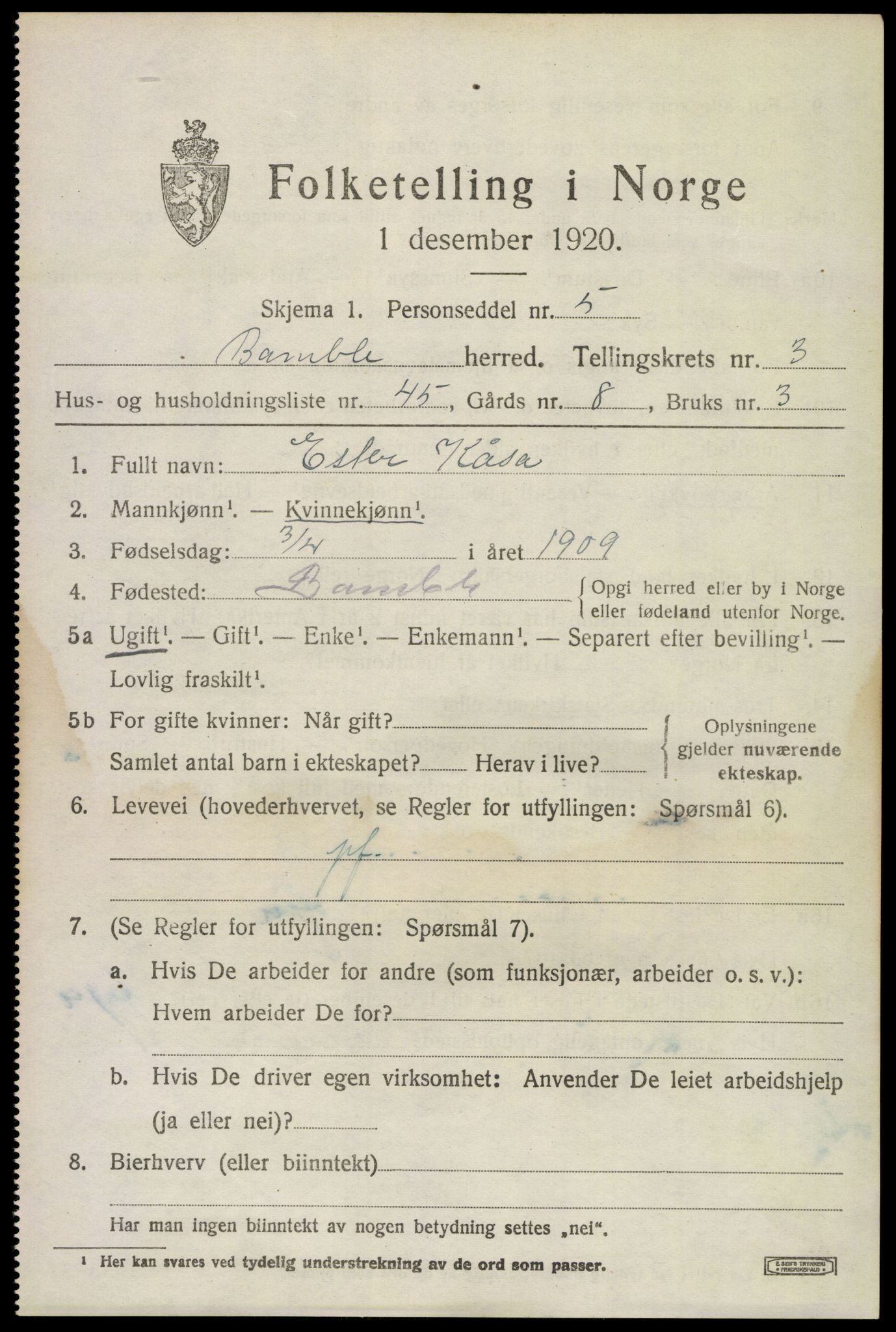 SAKO, Folketelling 1920 for 0814 Bamble herred, 1920, s. 4291