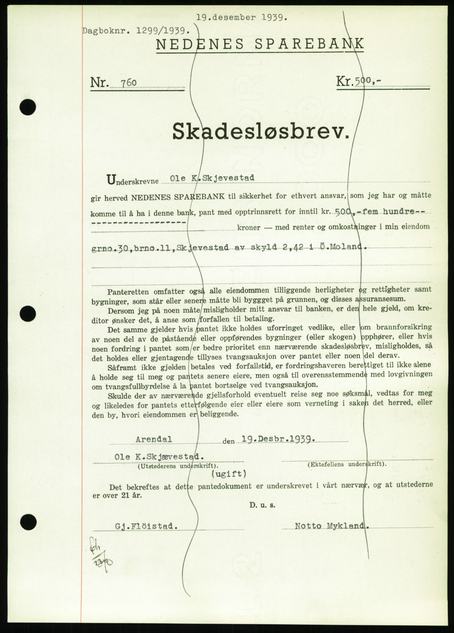 Nedenes sorenskriveri, SAK/1221-0006/G/Gb/Gbb/L0001: Pantebok nr. I, 1939-1942, Dagboknr: 1299/1939