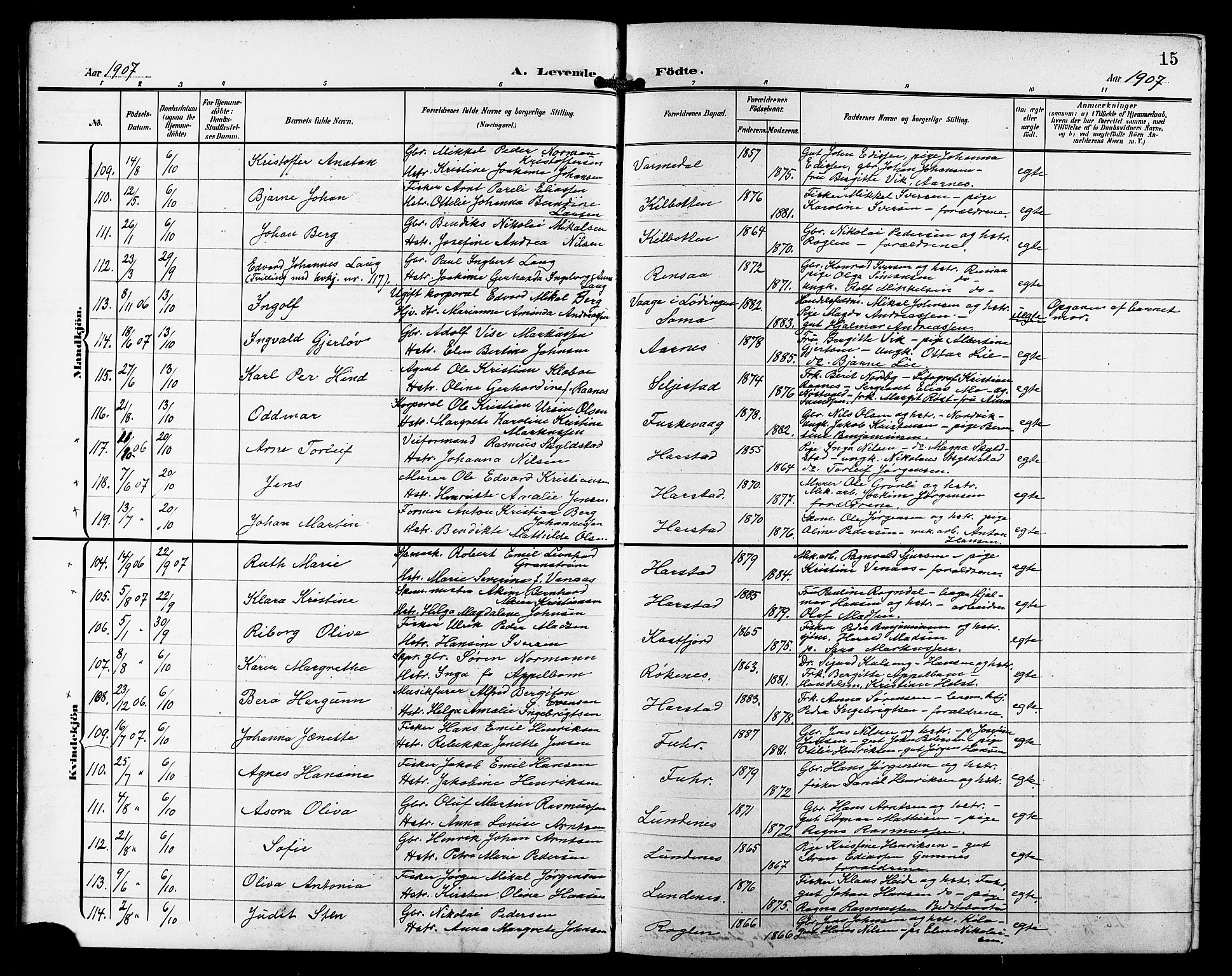 Trondenes sokneprestkontor, AV/SATØ-S-1319/H/Hb/L0012klokker: Klokkerbok nr. 12, 1907-1916, s. 15