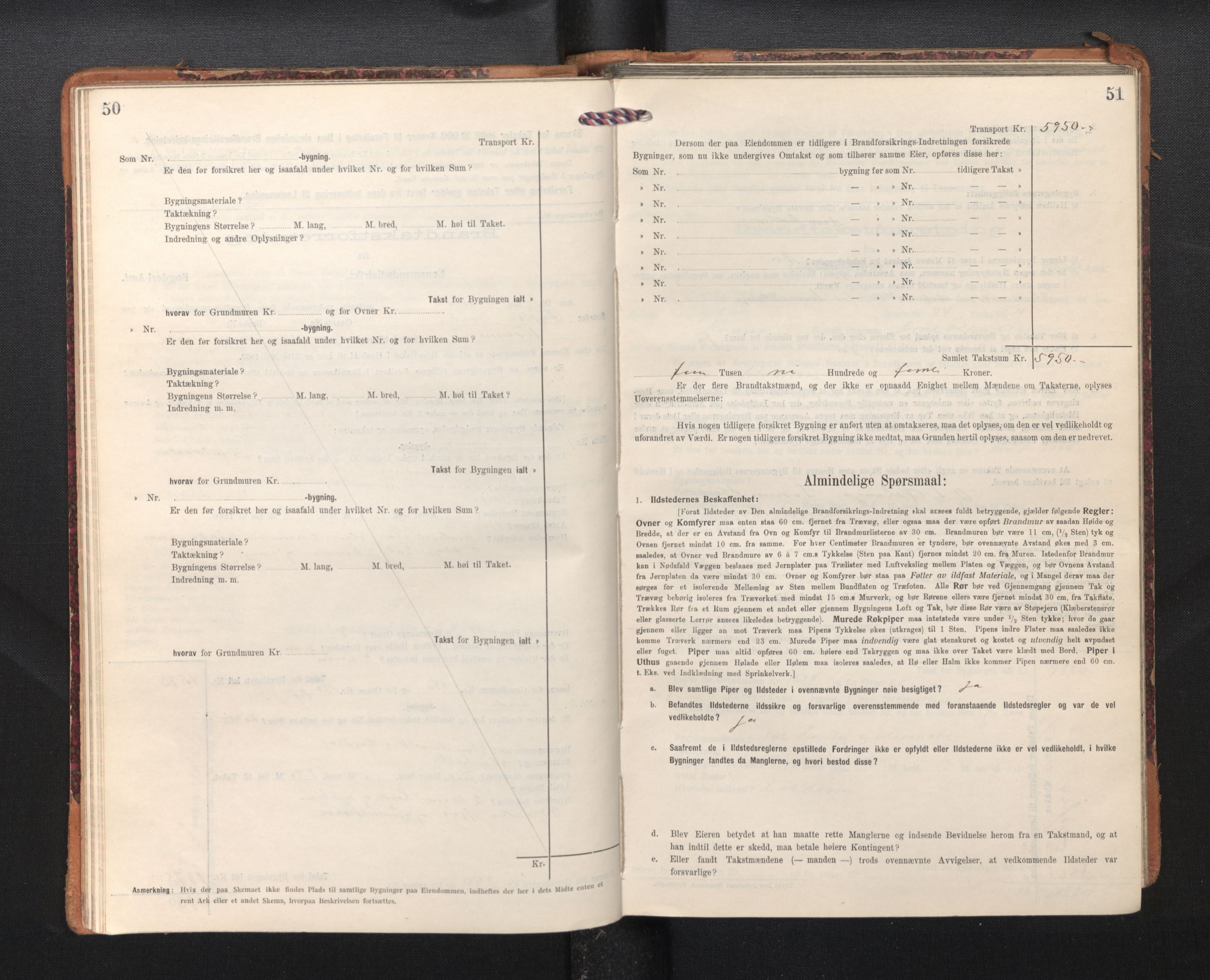 Lensmannen i Kvam, SAB/A-33201/0012/L0006: Branntakstprotokoll, skjematakst, 1913-1955, s. 50-51