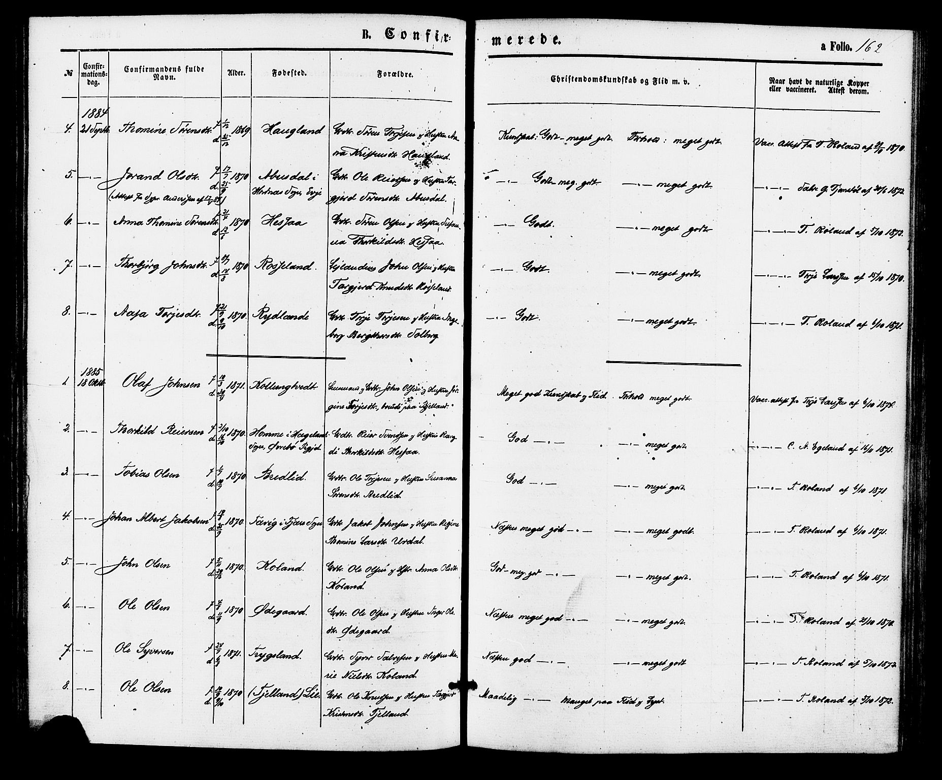Bjelland sokneprestkontor, SAK/1111-0005/F/Fa/Faa/L0003: Ministerialbok nr. A 3, 1867-1887, s. 162
