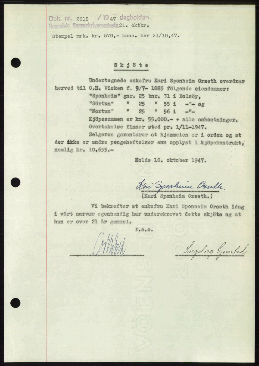 Romsdal sorenskriveri, AV/SAT-A-4149/1/2/2C: Pantebok nr. A24, 1947-1947, Dagboknr: 2618/1947