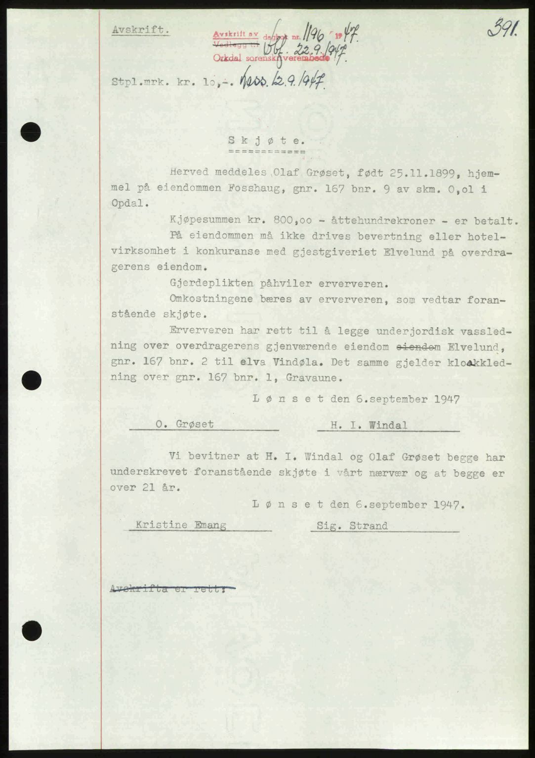 Orkdal sorenskriveri, SAT/A-4169/1/2/2C: Pantebok nr. A, 1947-1947, Dagboknr: 1196/1947