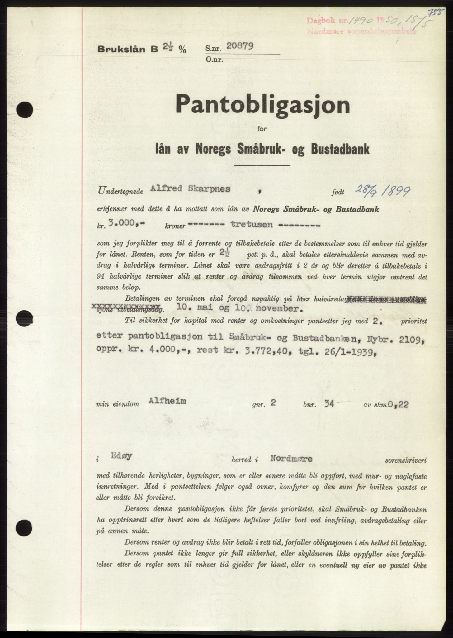 Nordmøre sorenskriveri, SAT/A-4132/1/2/2Ca: Pantebok nr. B104, 1950-1950, Dagboknr: 1490/1950