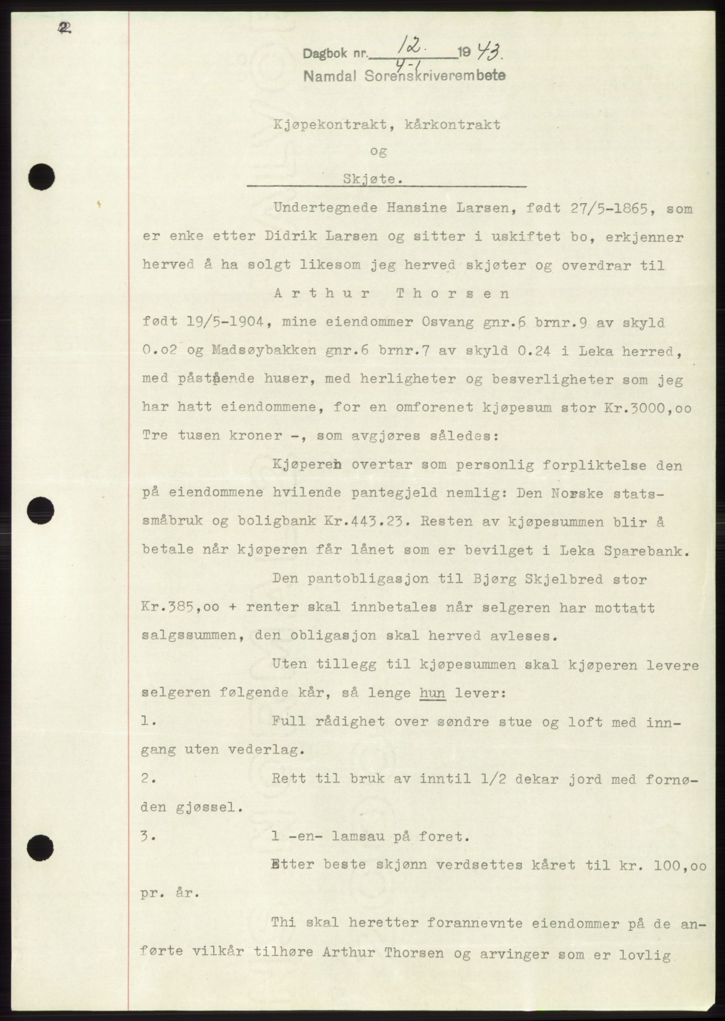 Namdal sorenskriveri, SAT/A-4133/1/2/2C: Pantebok nr. -, 1942-1943, Dagboknr: 12/1943