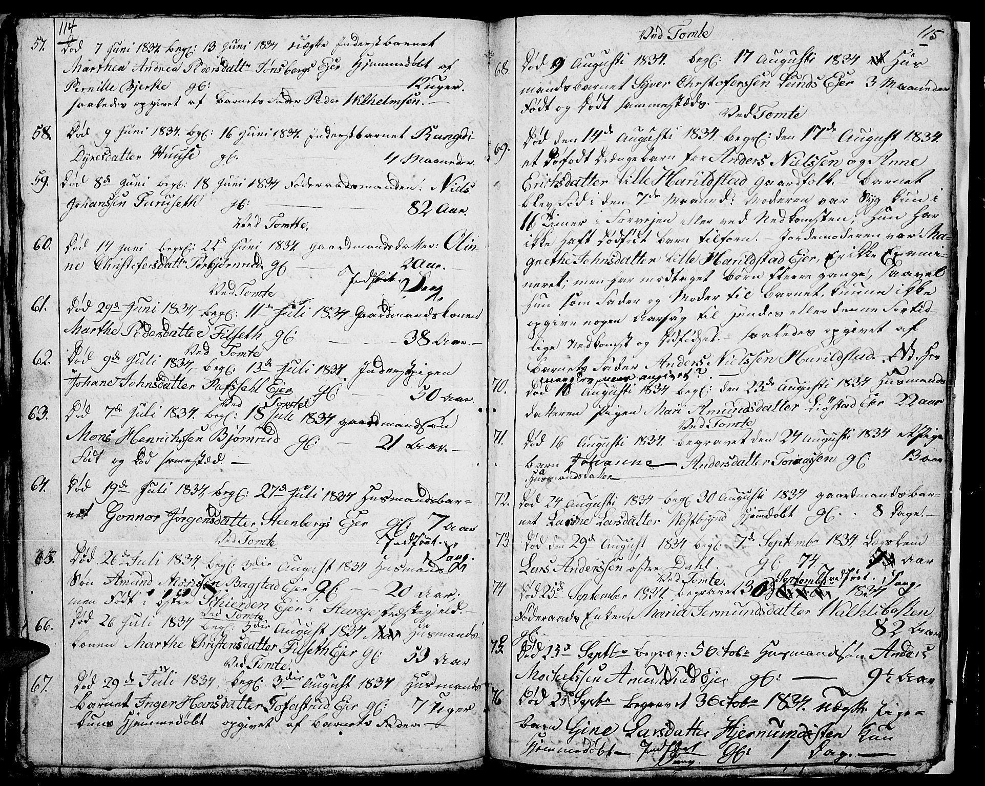 Romedal prestekontor, AV/SAH-PREST-004/L/L0007: Klokkerbok nr. 7, 1831-1837, s. 114-115