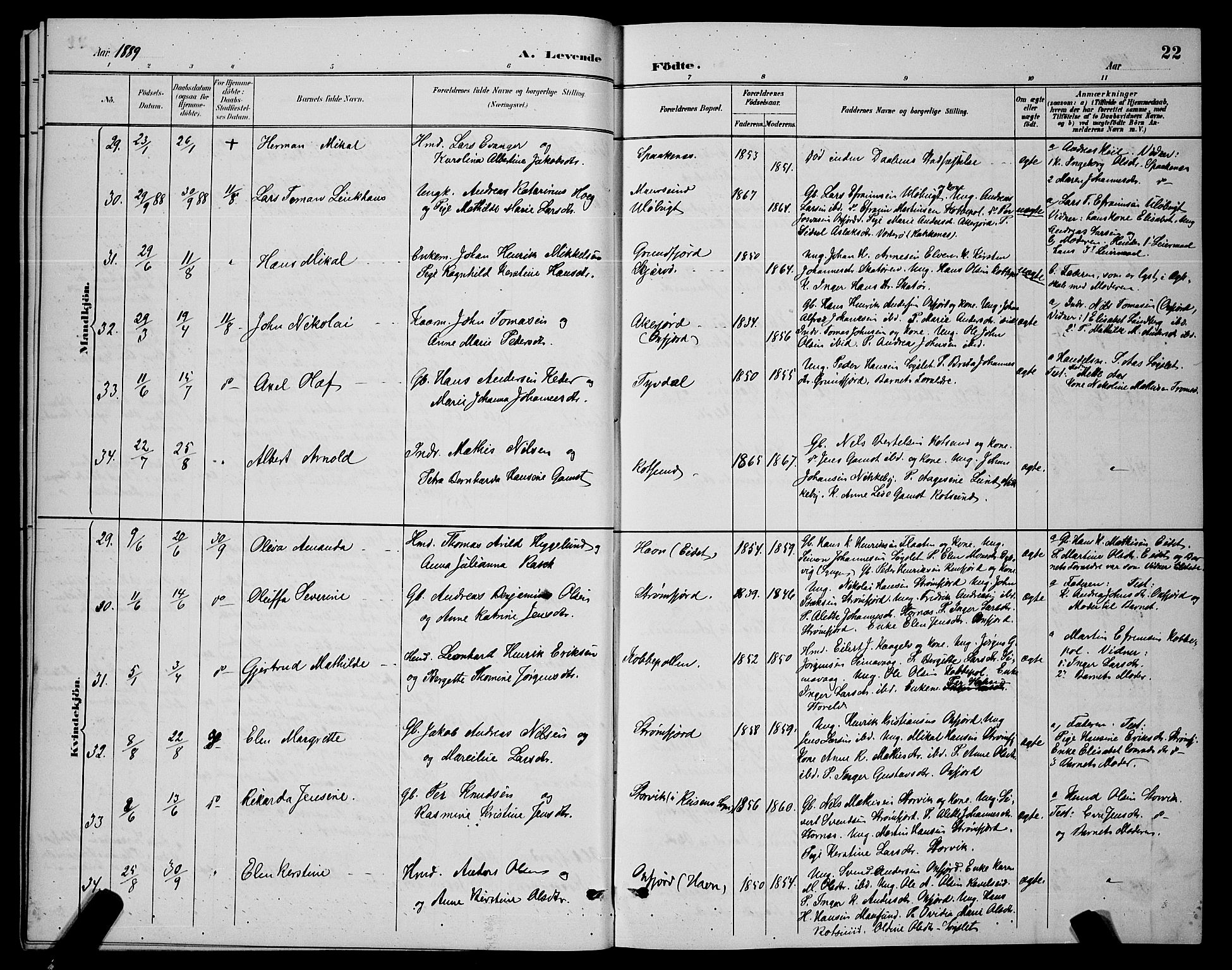 Skjervøy sokneprestkontor, AV/SATØ-S-1300/H/Ha/Hab/L0007klokker: Klokkerbok nr. 7, 1889-1899, s. 22