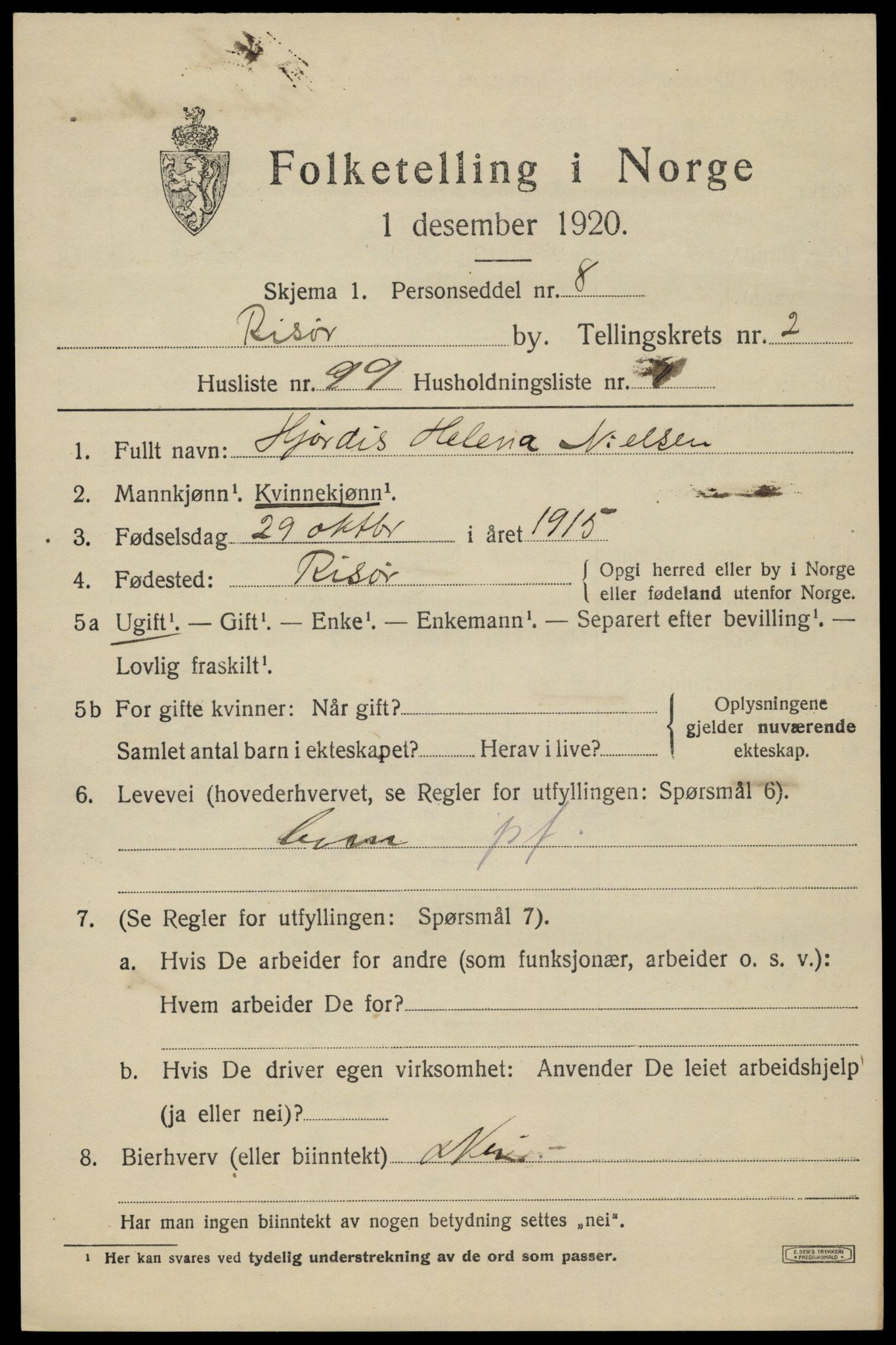 SAK, Folketelling 1920 for 0901 Risør kjøpstad, 1920, s. 6629