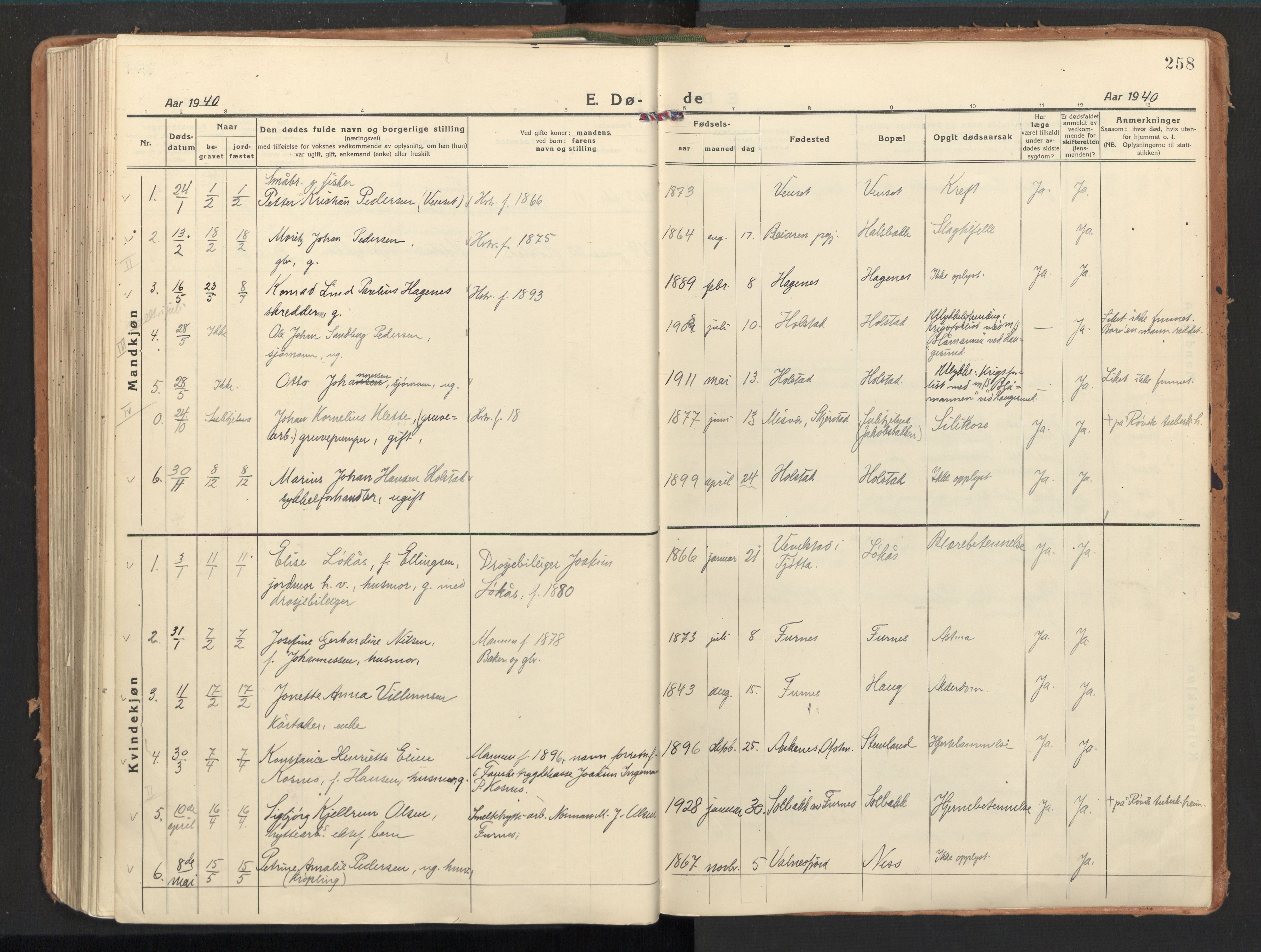 Ministerialprotokoller, klokkerbøker og fødselsregistre - Nordland, AV/SAT-A-1459/851/L0725: Ministerialbok nr. 851A02, 1922-1944, s. 258