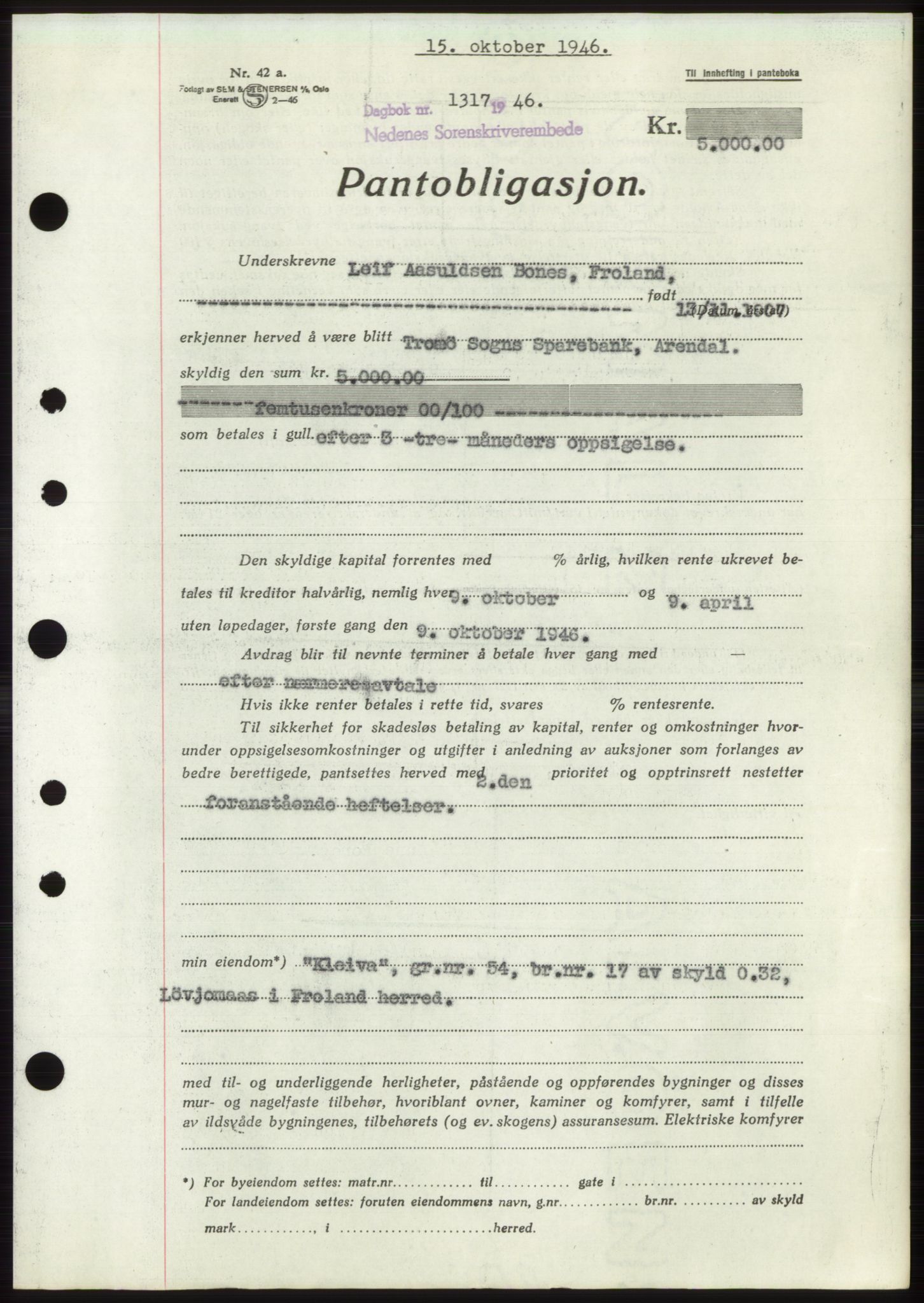 Nedenes sorenskriveri, SAK/1221-0006/G/Gb/Gbb/L0003: Pantebok nr. B3b, 1946-1946, Dagboknr: 1317/1946