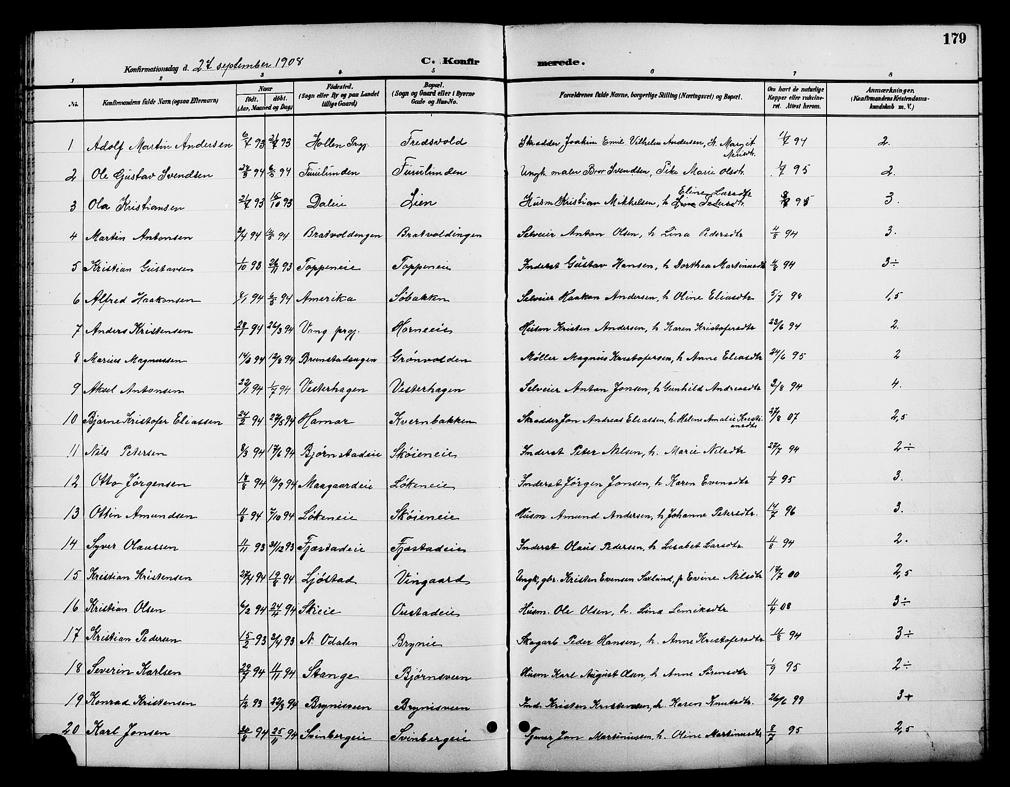 Romedal prestekontor, AV/SAH-PREST-004/L/L0012: Klokkerbok nr. 12, 1896-1914, s. 179