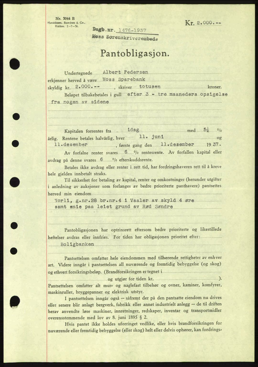 Moss sorenskriveri, SAO/A-10168: Pantebok nr. B4, 1937-1938, Dagboknr: 1476/1937