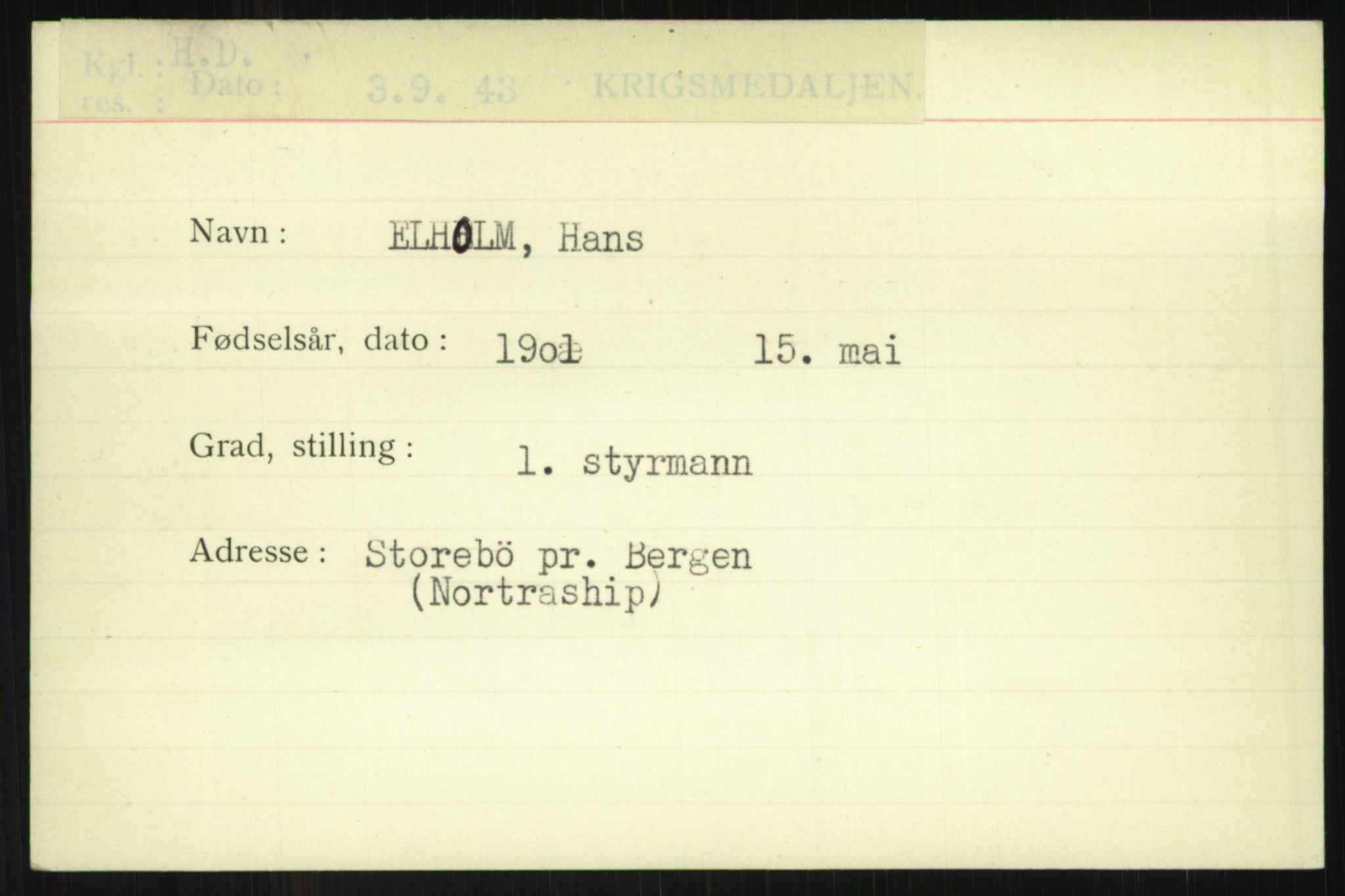 Direktoratet for sjømenn, AV/RA-S-3545/G/Gi/L0005: Alfabetisk ordnet kartotek over krigsdekorasjoner tildelt nordmenn under krigen, Ekeberg - Hendriksen, 1940-1945, s. 33