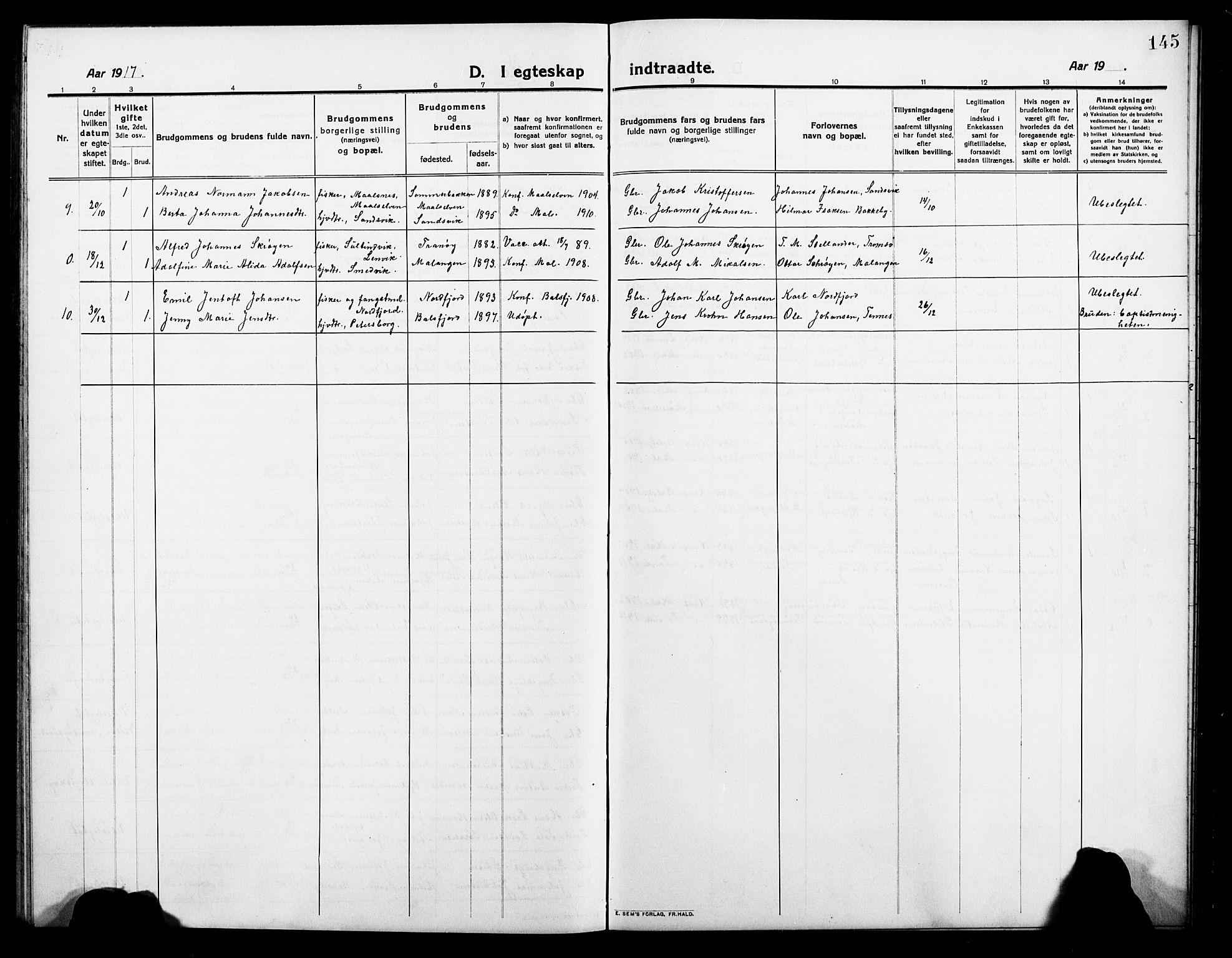 Balsfjord sokneprestembete, AV/SATØ-S-1303/G/Ga/L0004klokker: Klokkerbok nr. 4, 1910-1926, s. 145