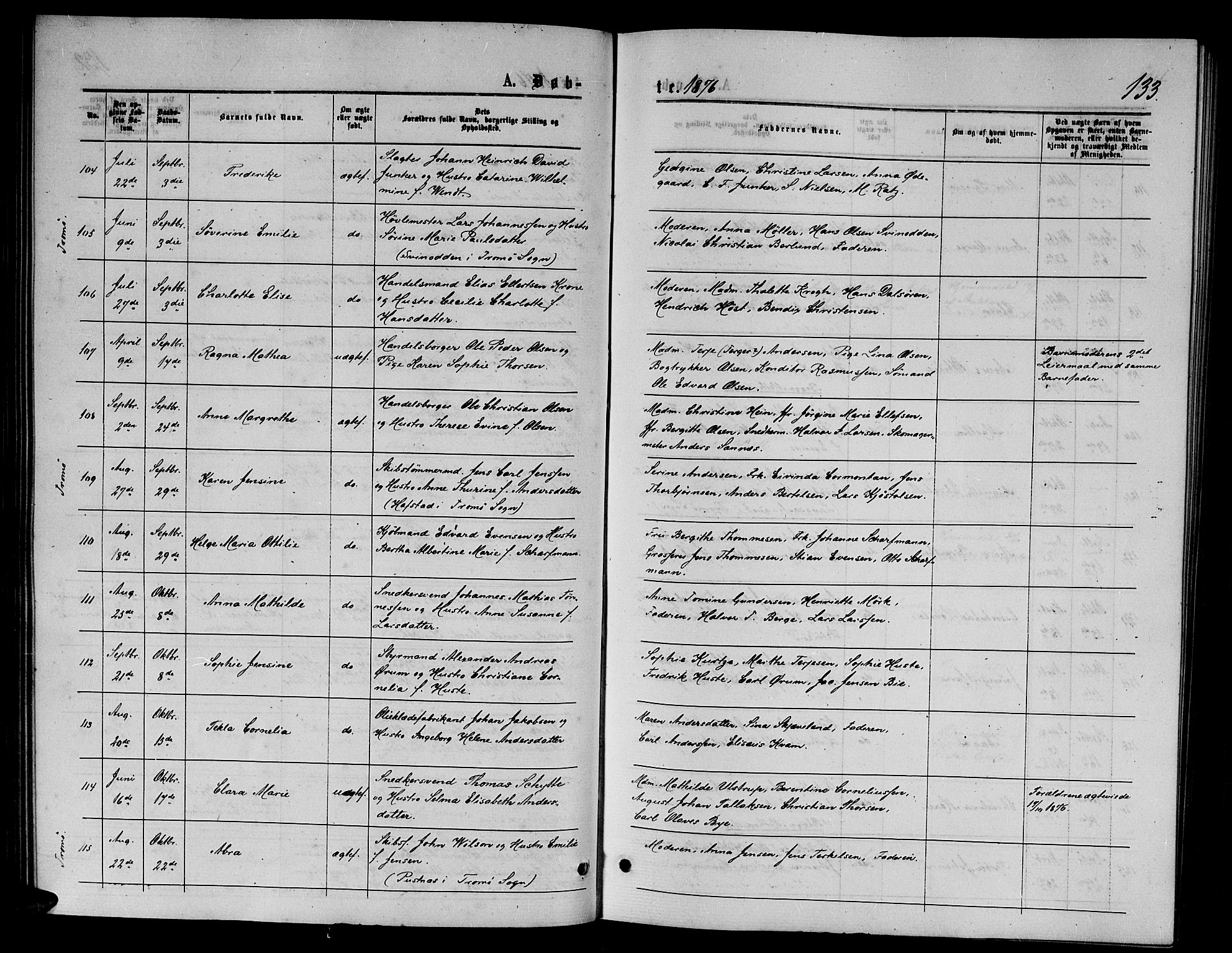 Arendal sokneprestkontor, Trefoldighet, AV/SAK-1111-0040/F/Fb/L0005: Klokkerbok nr. B 5, 1874-1888, s. 133