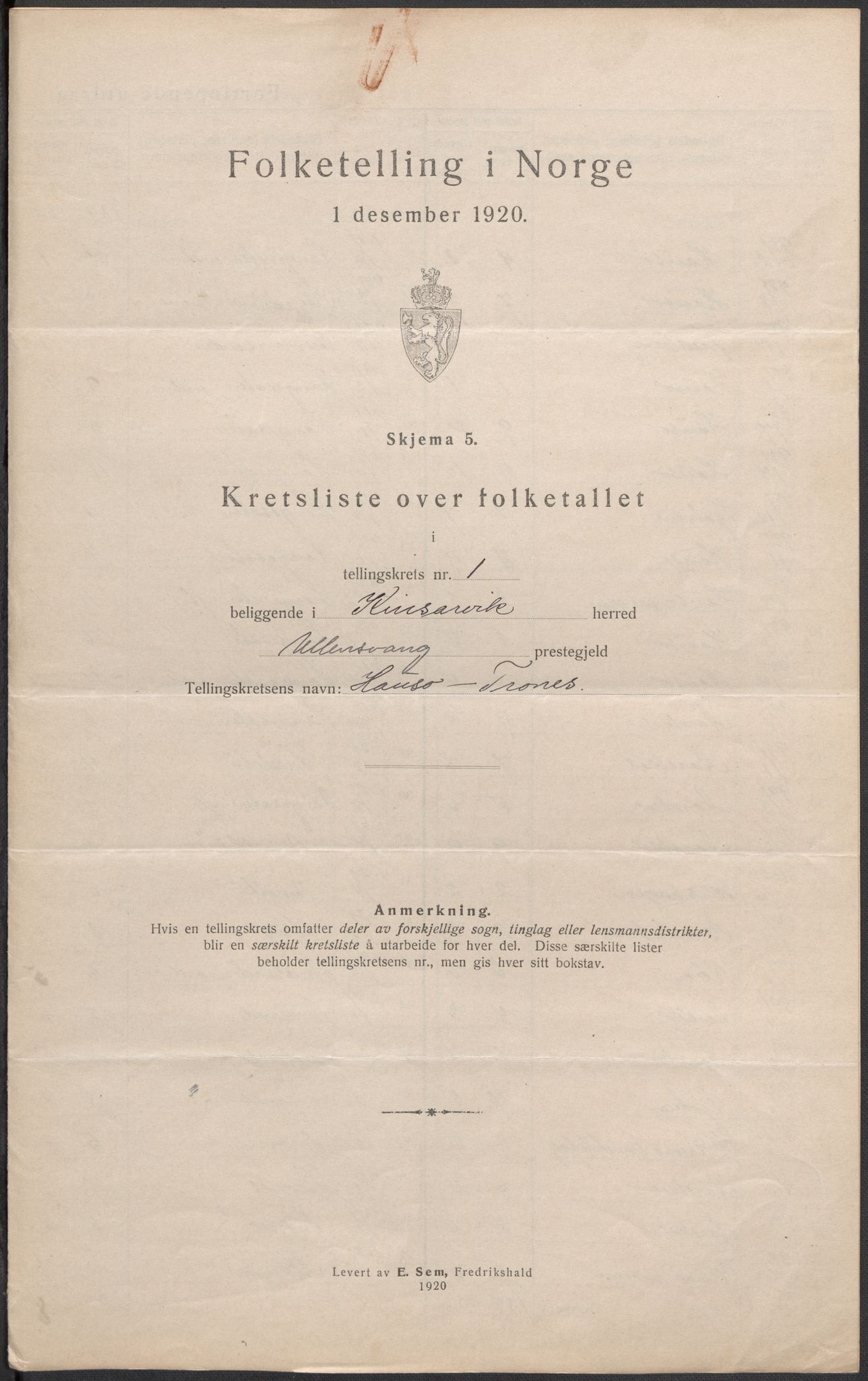 SAB, Folketelling 1920 for 1231 Kinsarvik herred, 1920, s. 5