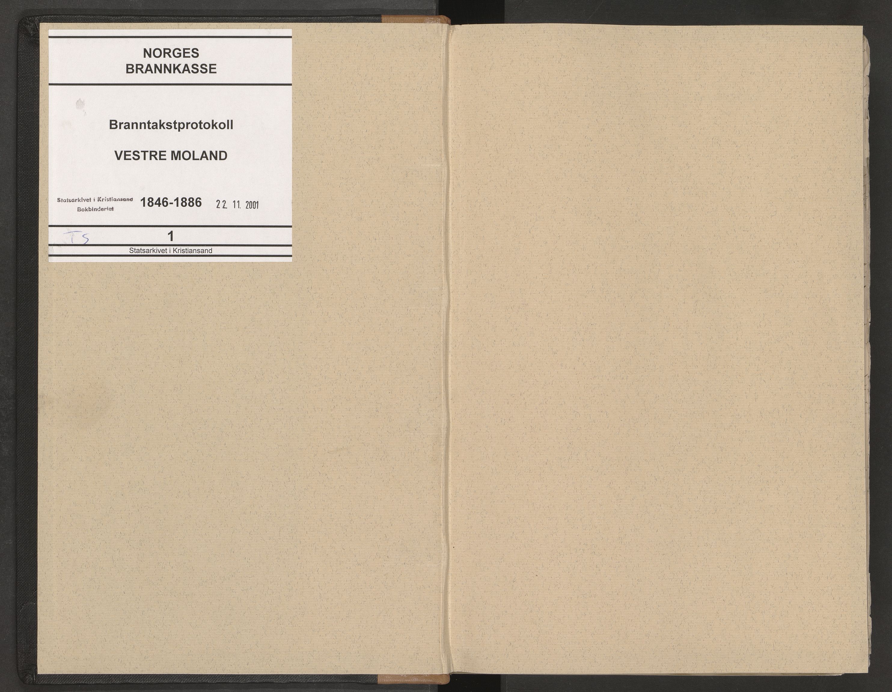 Norges Brannkasse Vestre Moland, AV/SAK-2241-0056/F/Fa/L0001: Branntakstprotokoll nr. 1 med gårdsnavnregister, 1846-1886