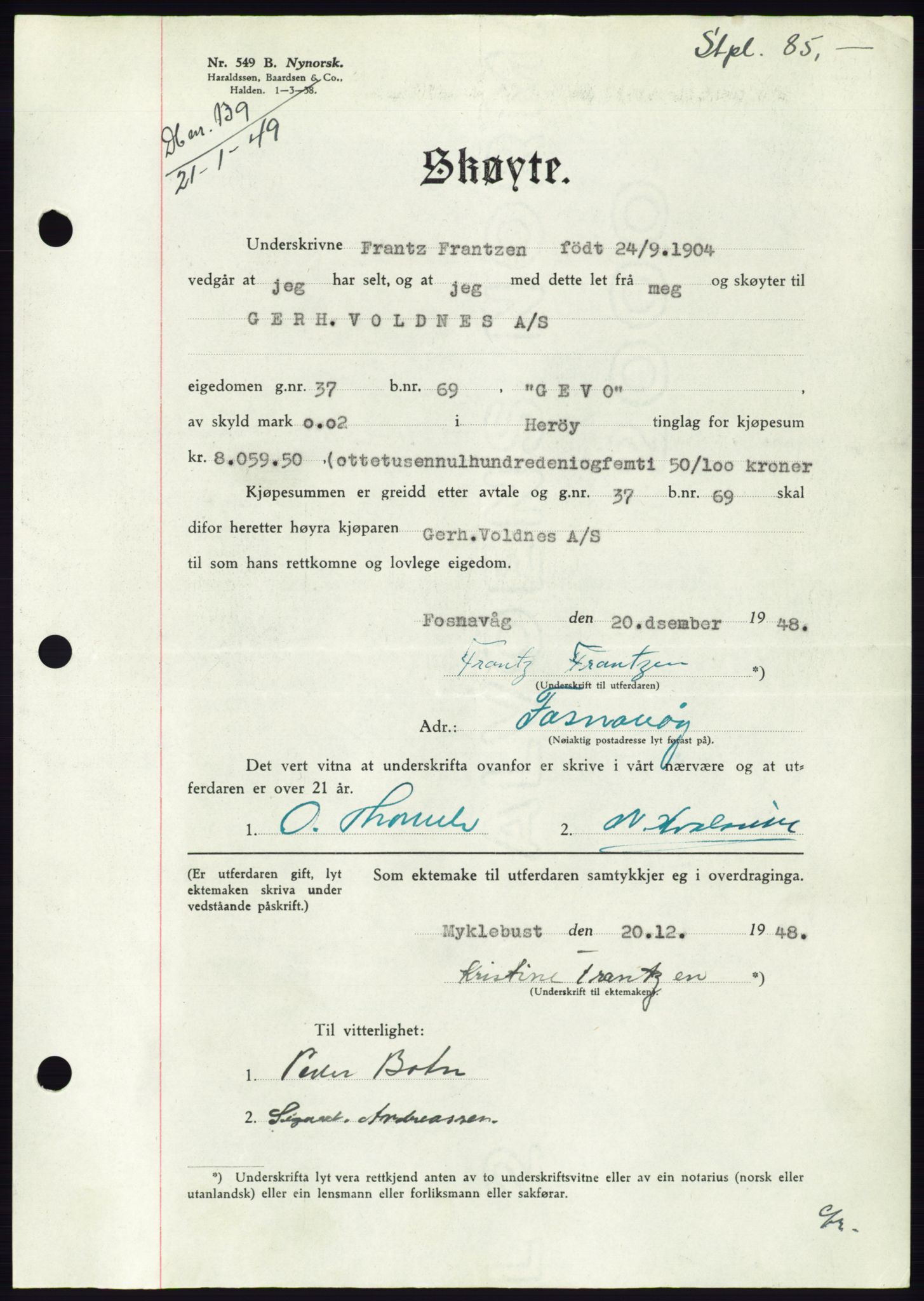 Søre Sunnmøre sorenskriveri, AV/SAT-A-4122/1/2/2C/L0083: Pantebok nr. 9A, 1948-1949, Dagboknr: 139/1949