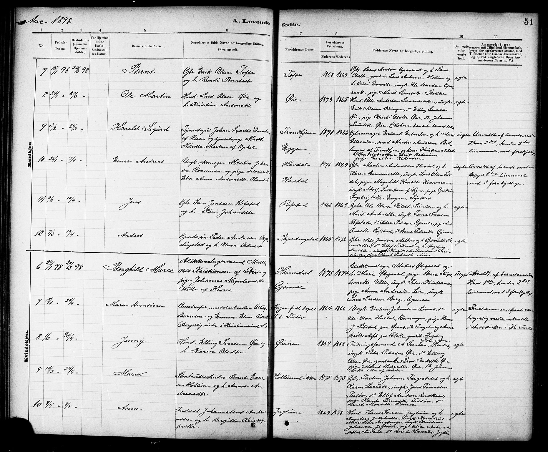 Ministerialprotokoller, klokkerbøker og fødselsregistre - Sør-Trøndelag, SAT/A-1456/691/L1094: Klokkerbok nr. 691C05, 1879-1911, s. 51