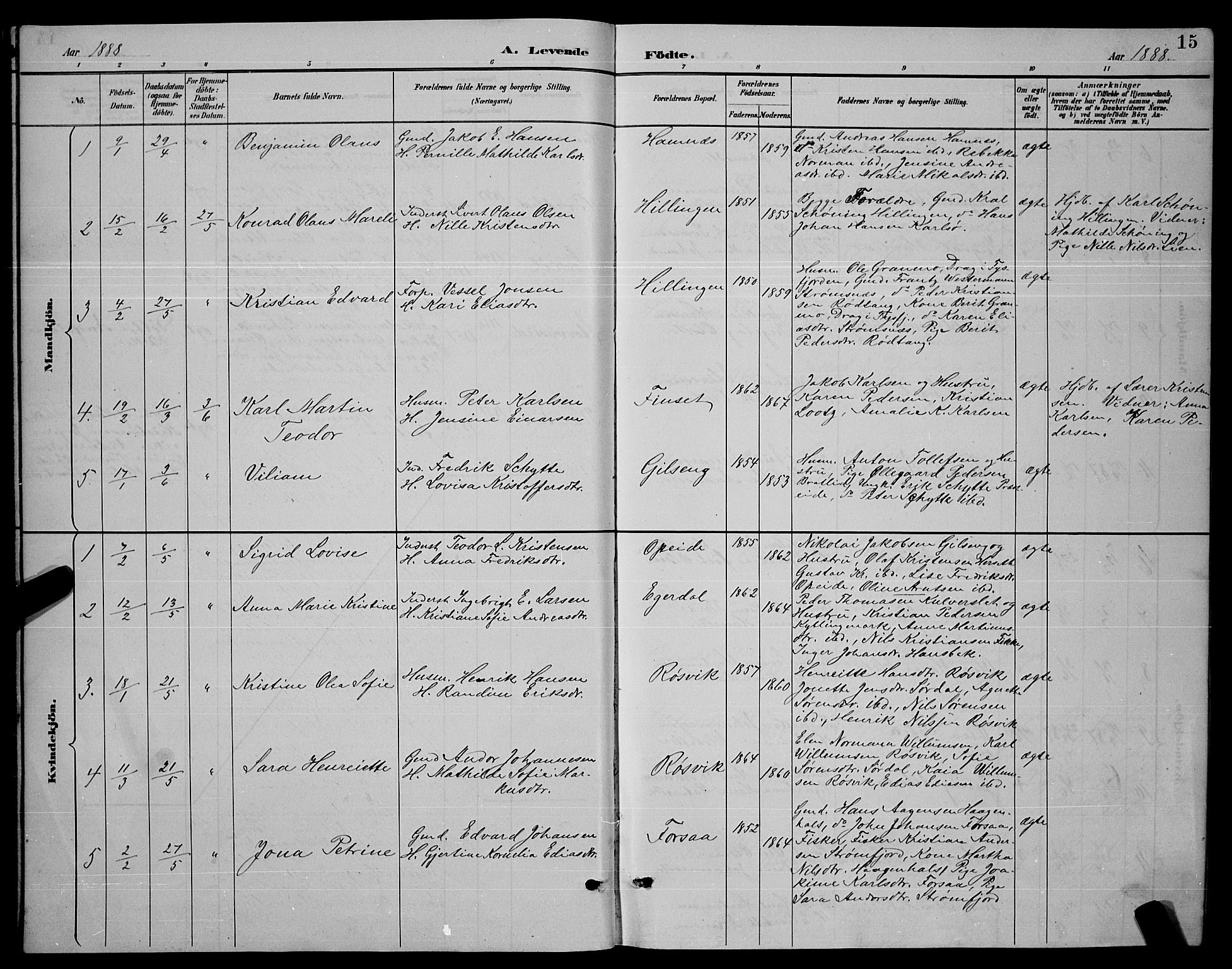 Ministerialprotokoller, klokkerbøker og fødselsregistre - Nordland, AV/SAT-A-1459/859/L0859: Klokkerbok nr. 859C05, 1887-1898, s. 15