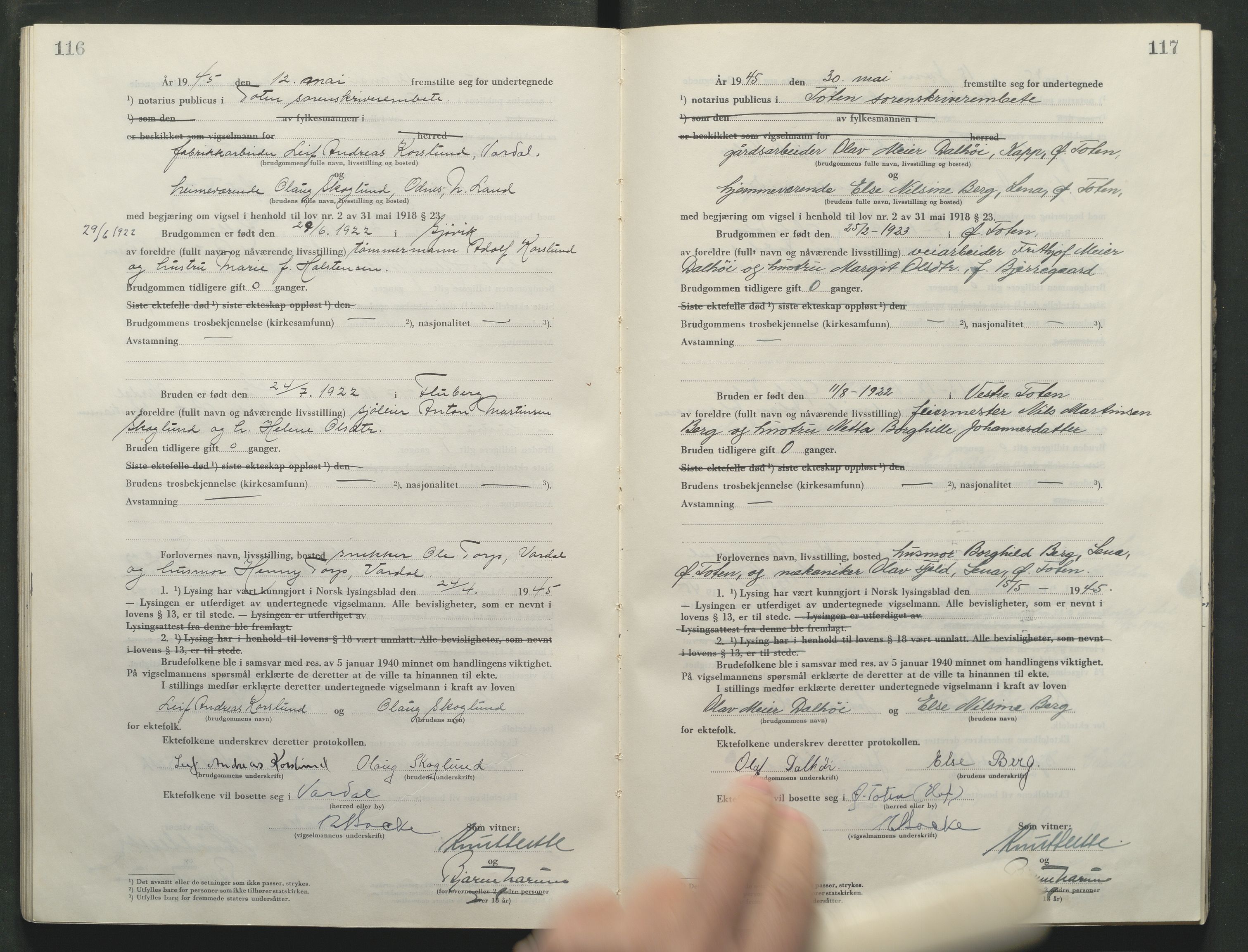 Toten tingrett, AV/SAH-TING-006/L/Lc/L0005: Vigselbok, 1944-1948, s. 116-117