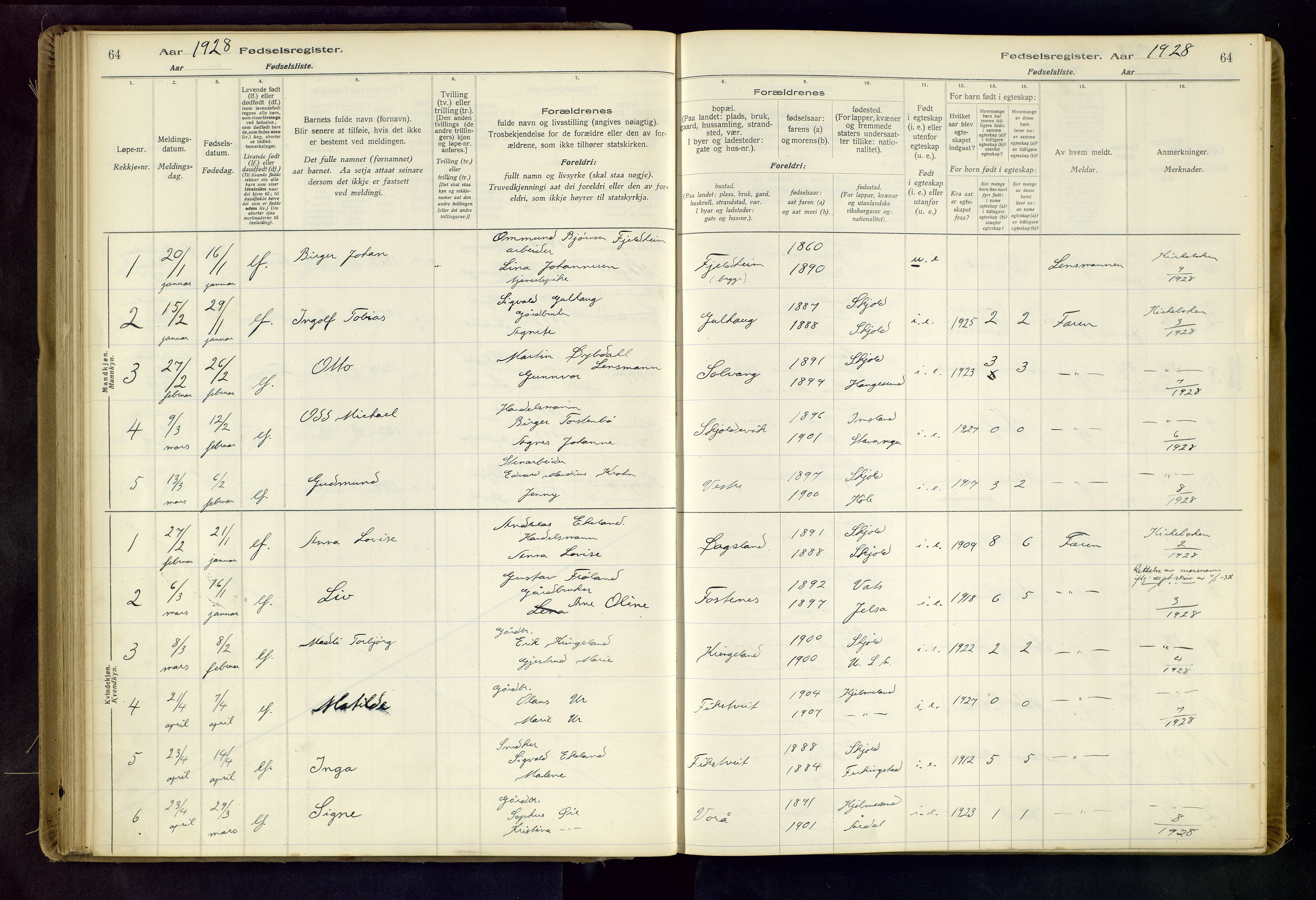 Skjold sokneprestkontor, AV/SAST-A-101847/I/Id/L0001: Fødselsregister nr. 1, 1917-1951, s. 64