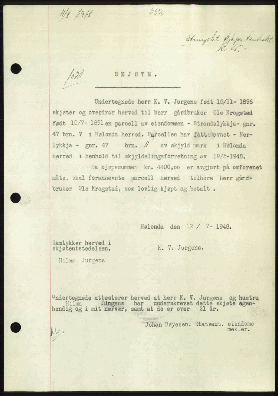 Gauldal sorenskriveri, SAT/A-0014/1/2/2C: Pantebok nr. A6, 1948-1948, Dagboknr: 1021/1948
