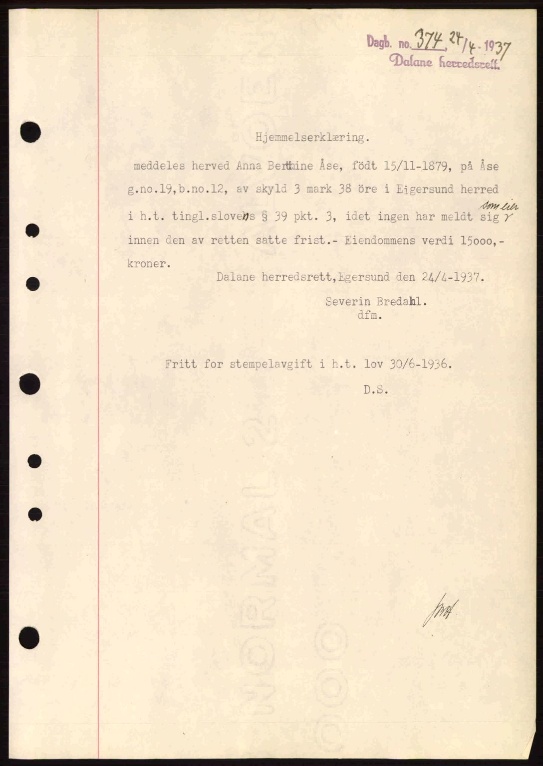 Dalane sorenskriveri, SAST/A-100309/02/G/Gb/L0041: Pantebok nr. A2, 1936-1937, Dagboknr: 374/1937
