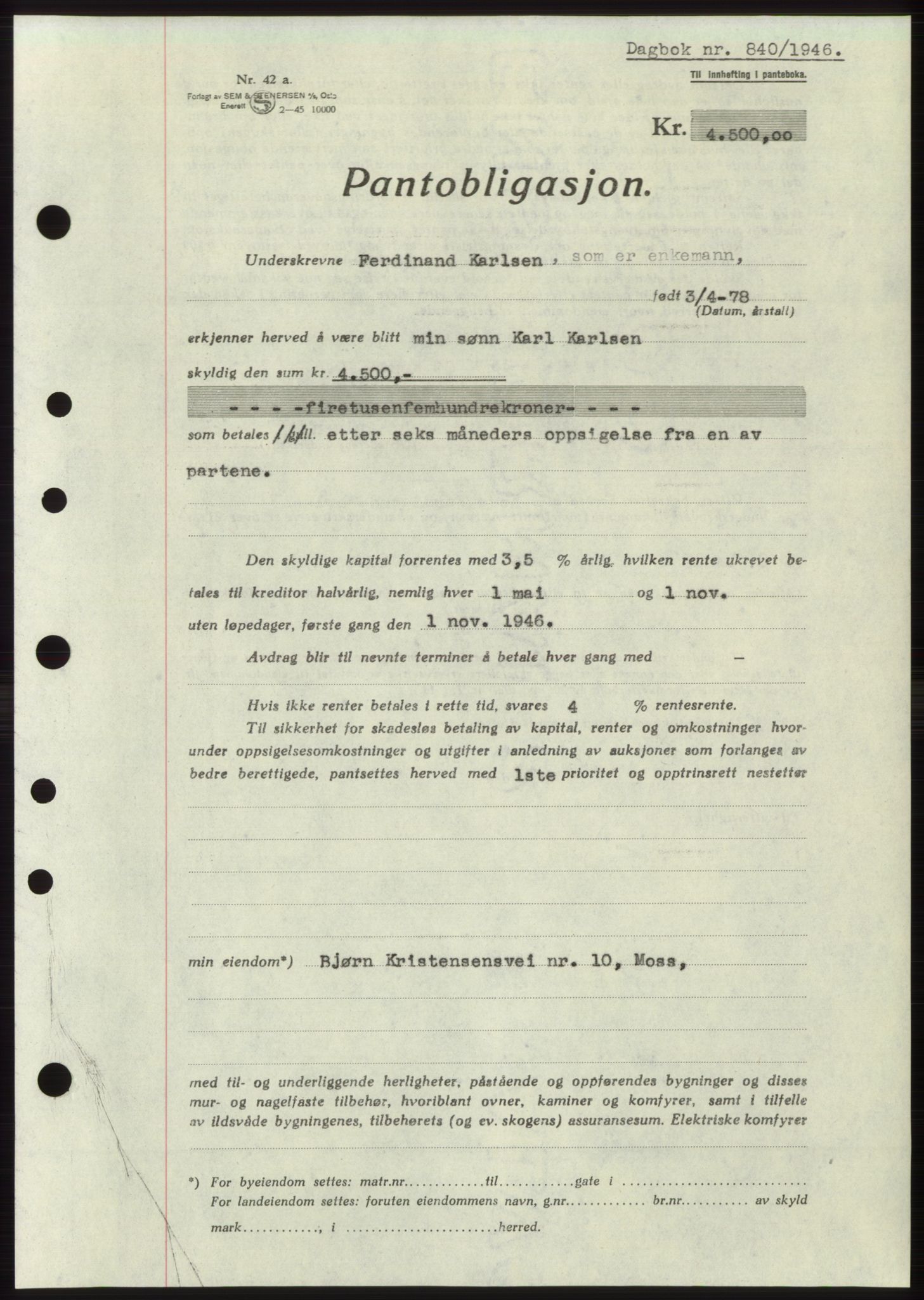 Moss sorenskriveri, SAO/A-10168: Pantebok nr. B15, 1946-1946, Dagboknr: 840/1946