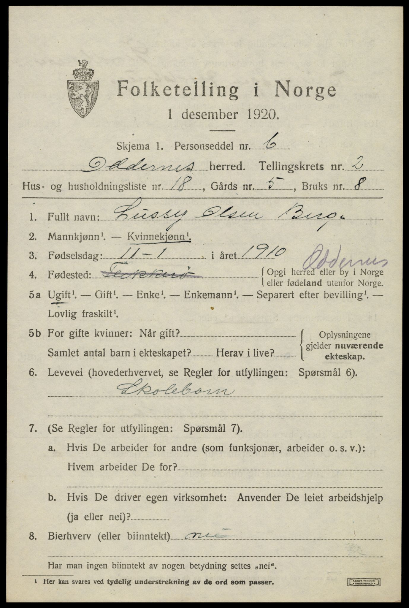 SAK, Folketelling 1920 for 1012 Oddernes herred, 1920, s. 3029