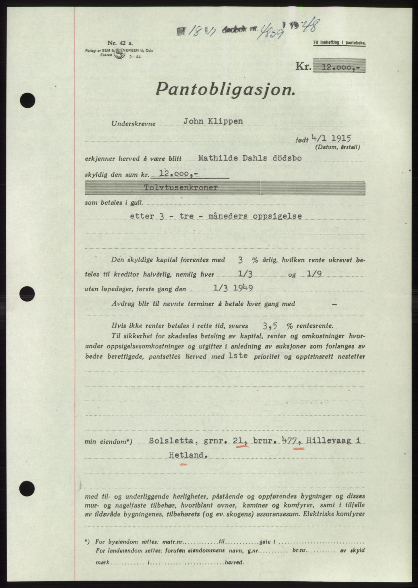 Jæren sorenskriveri, SAST/A-100310/03/G/Gba/L0100: Pantebok, 1948-1948, Dagboknr: 4859/1948