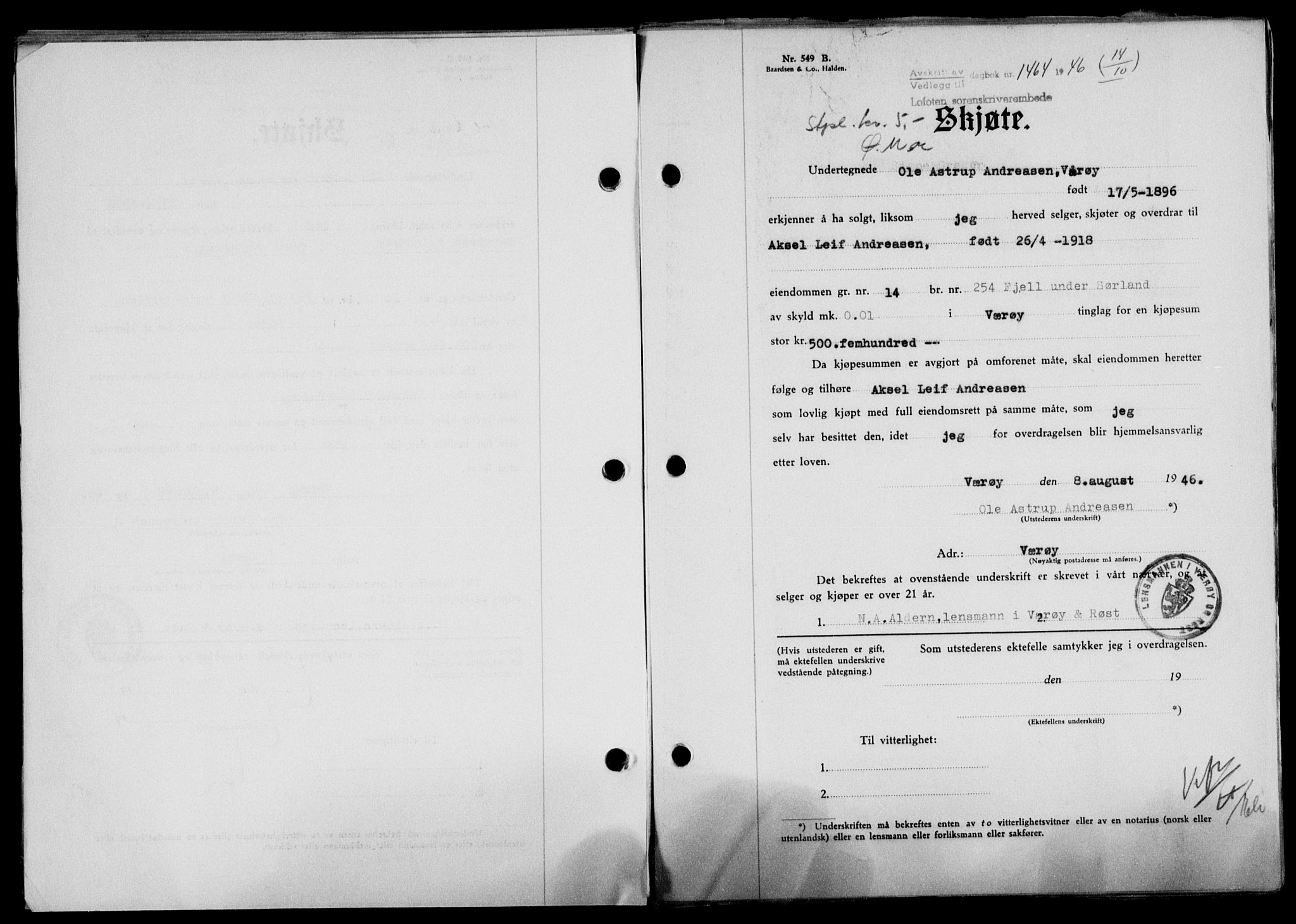 Lofoten sorenskriveri, SAT/A-0017/1/2/2C/L0014a: Pantebok nr. 14a, 1946-1946, Dagboknr: 1464/1946