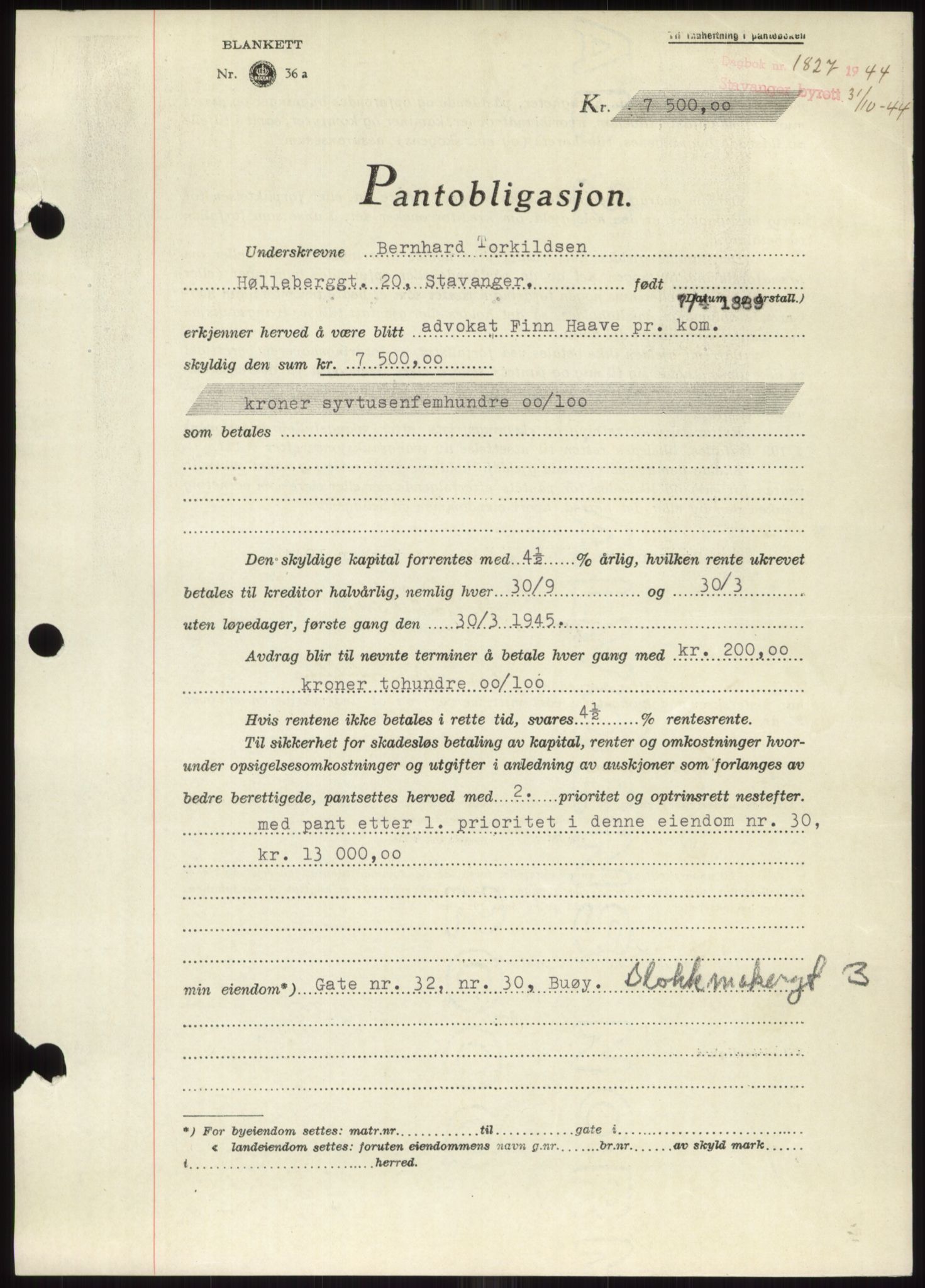 Stavanger byrett, SAST/A-100455/002/G/Gb/L0031: Pantebok, 1943-1947, Dagboknr: 1827/1944