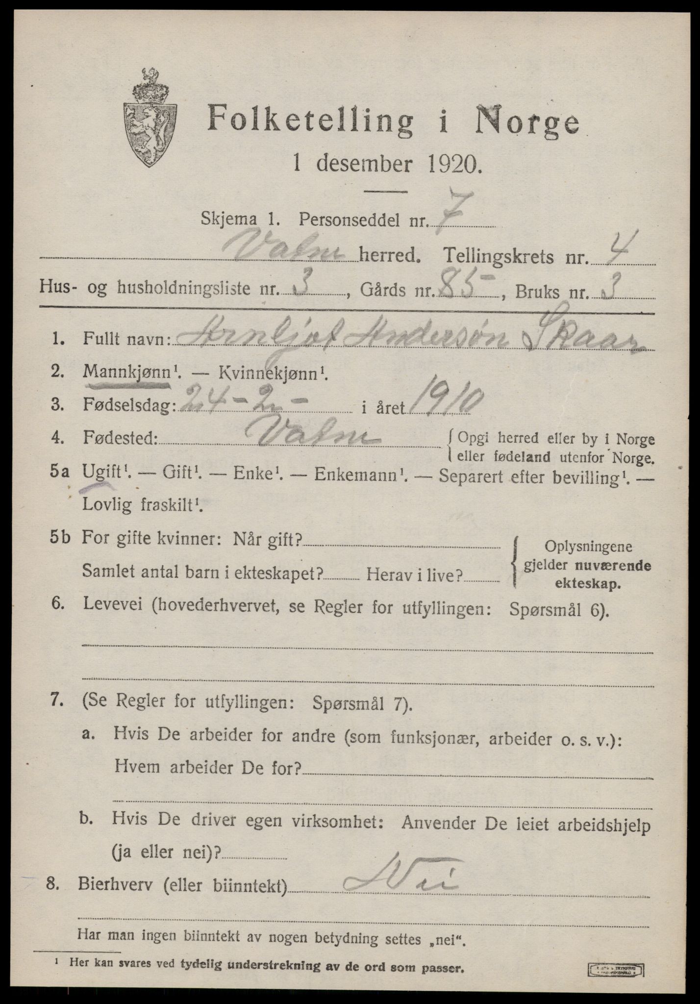 SAT, Folketelling 1920 for 1530 Vatne herred, 1920, s. 1850