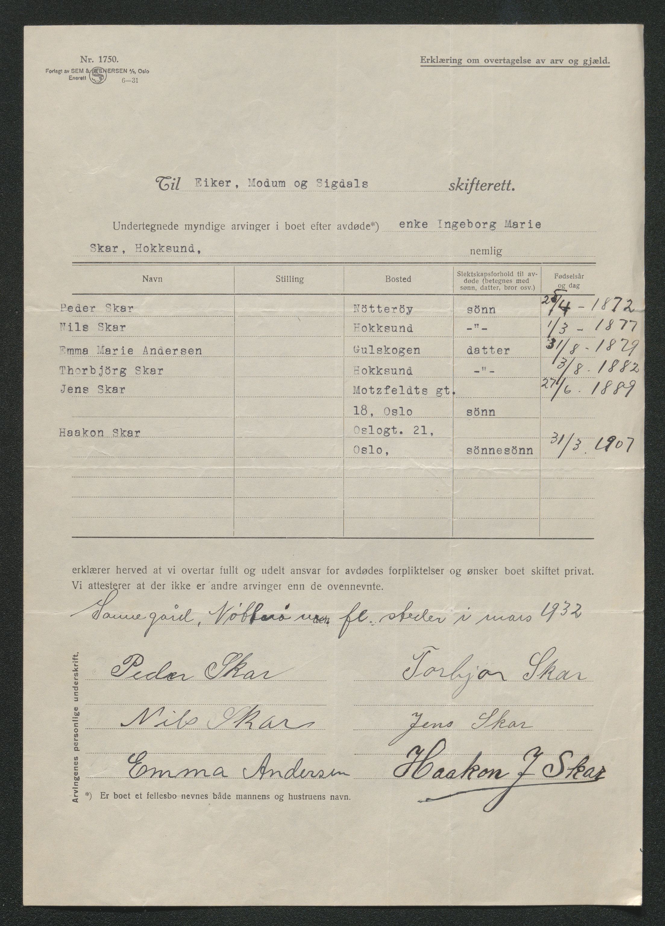 Eiker, Modum og Sigdal sorenskriveri, AV/SAKO-A-123/H/Ha/Hab/L0047: Dødsfallsmeldinger, 1932, s. 64