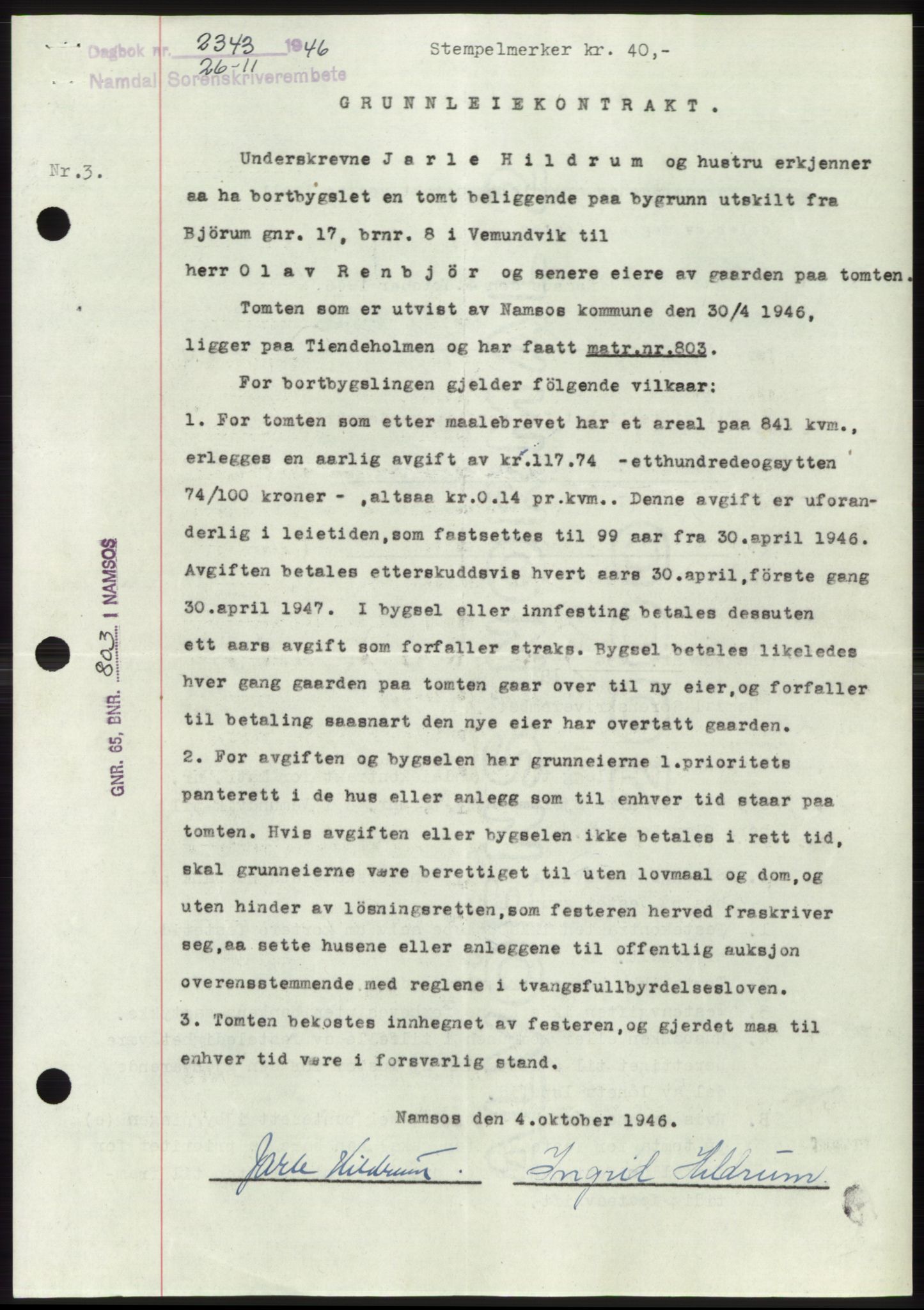 Namdal sorenskriveri, SAT/A-4133/1/2/2C: Pantebok nr. -, 1946-1947, Dagboknr: 2343/1946