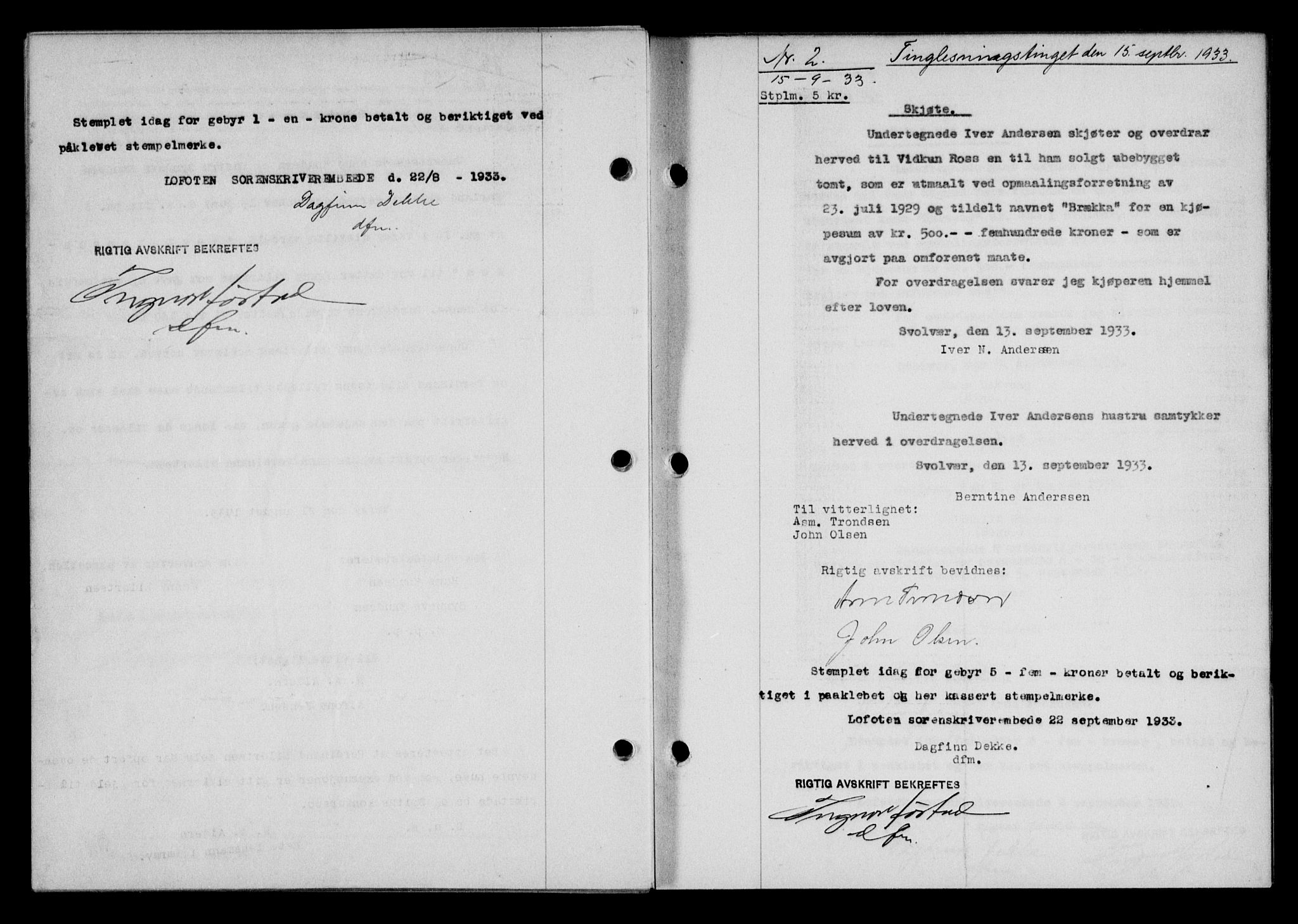 Lofoten sorenskriveri, SAT/A-0017/1/2/2C/L0028b: Pantebok nr. 28b, 1933-1933, Tingl.dato: 15.09.1933