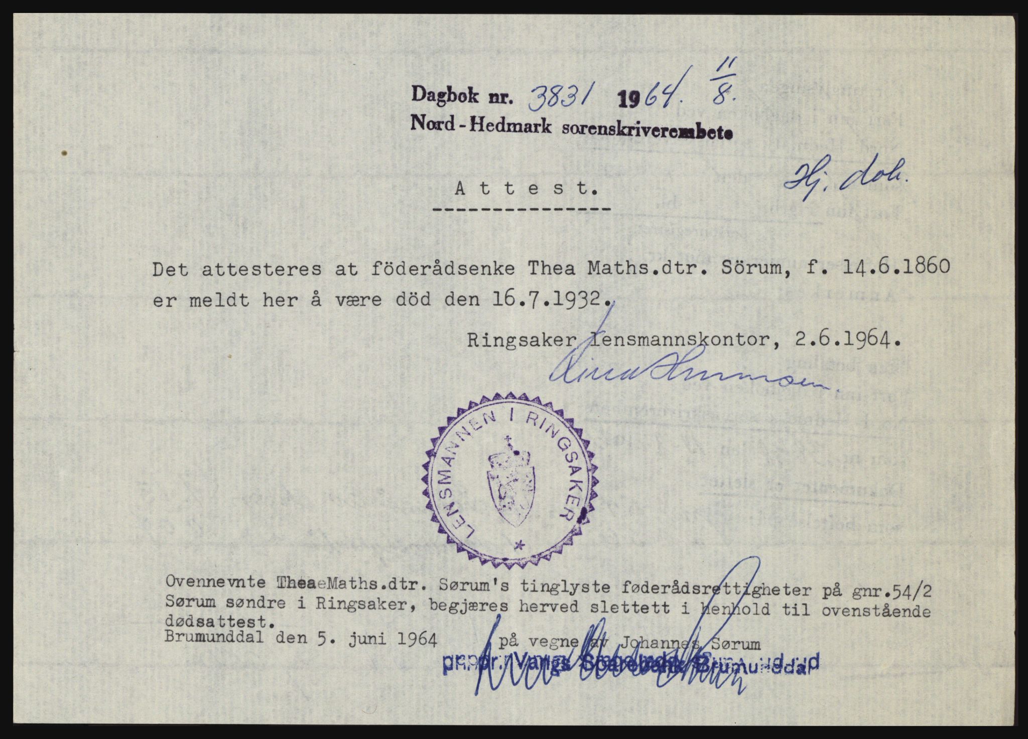 Nord-Hedmark sorenskriveri, SAH/TING-012/H/Hc/L0020: Pantebok nr. 20, 1964-1964, Dagboknr: 3831/1964