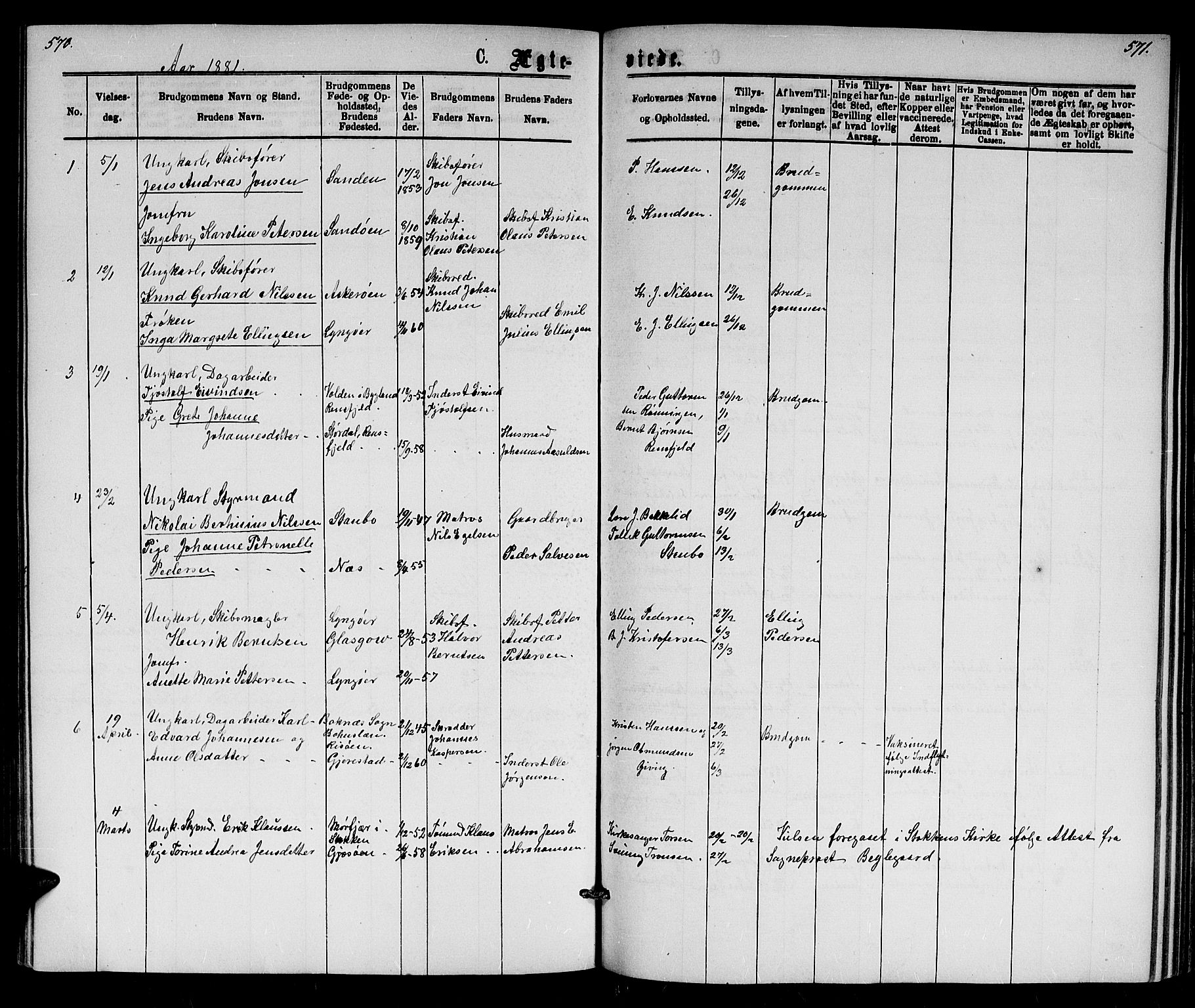 Dypvåg sokneprestkontor, AV/SAK-1111-0007/F/Fb/Fba/L0012: Klokkerbok nr. B 12, 1872-1886, s. 570-571