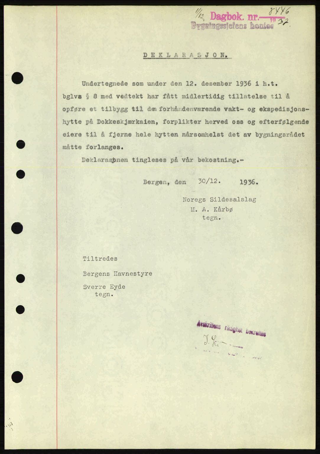 Byfogd og Byskriver i Bergen, SAB/A-3401/03/03Bc/L0006: Pantebok nr. A5, 1937-1938, Dagboknr: 8446/1937