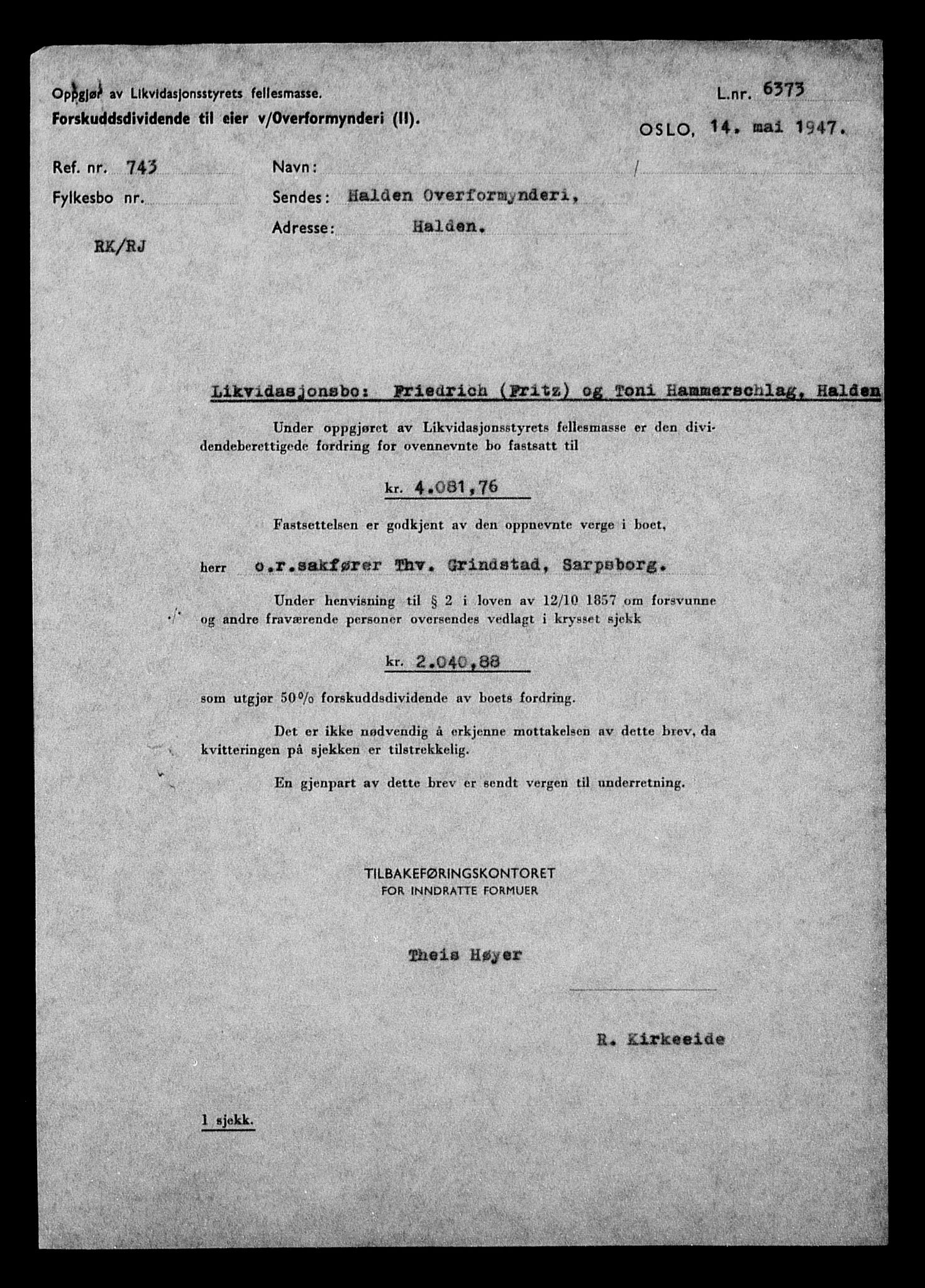 Justisdepartementet, Tilbakeføringskontoret for inndratte formuer, RA/S-1564/H/Hc/Hcd/L0998: --, 1945-1947, s. 83