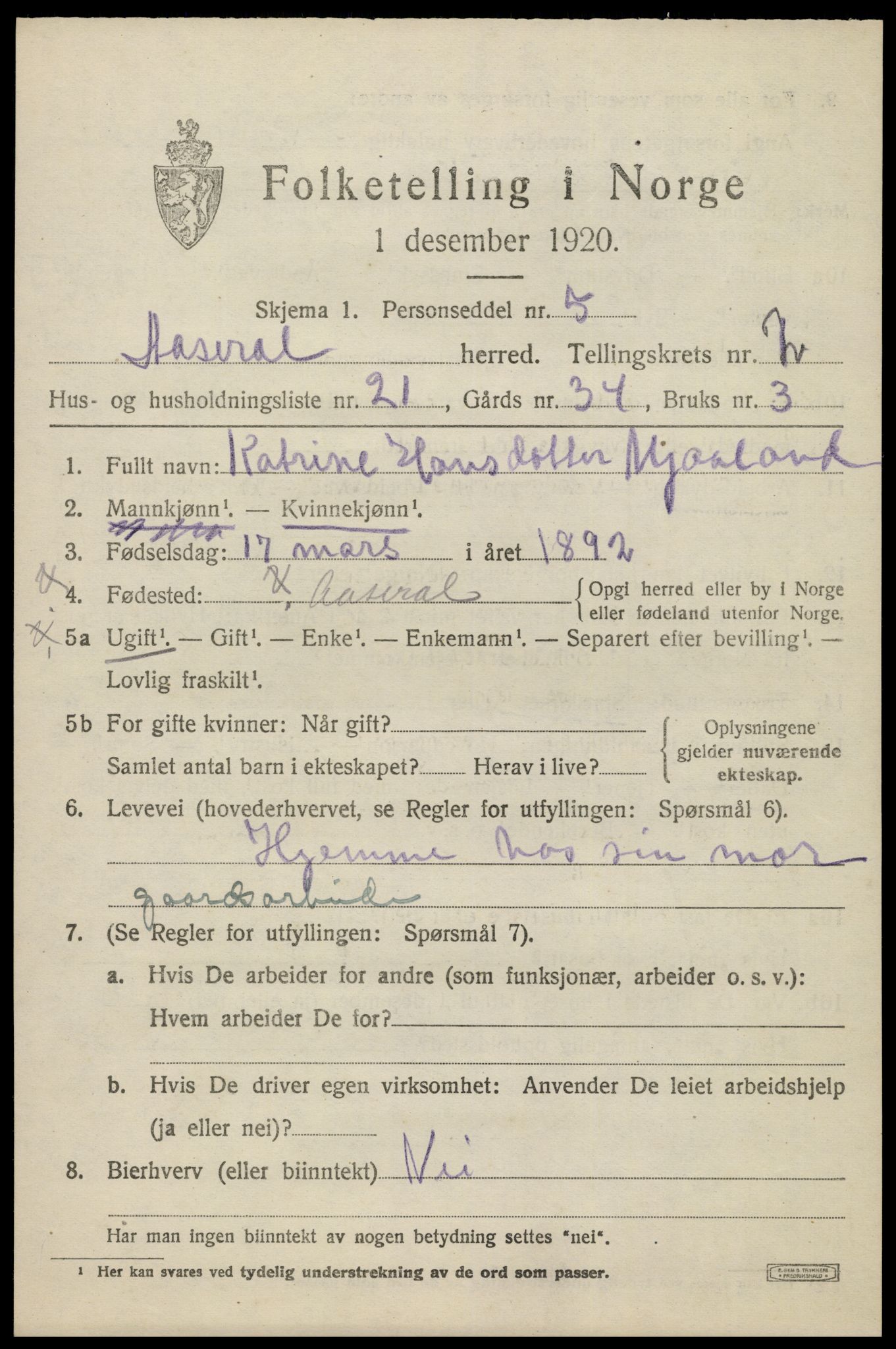 SAK, Folketelling 1920 for 1026 Åseral herred, 1920, s. 982