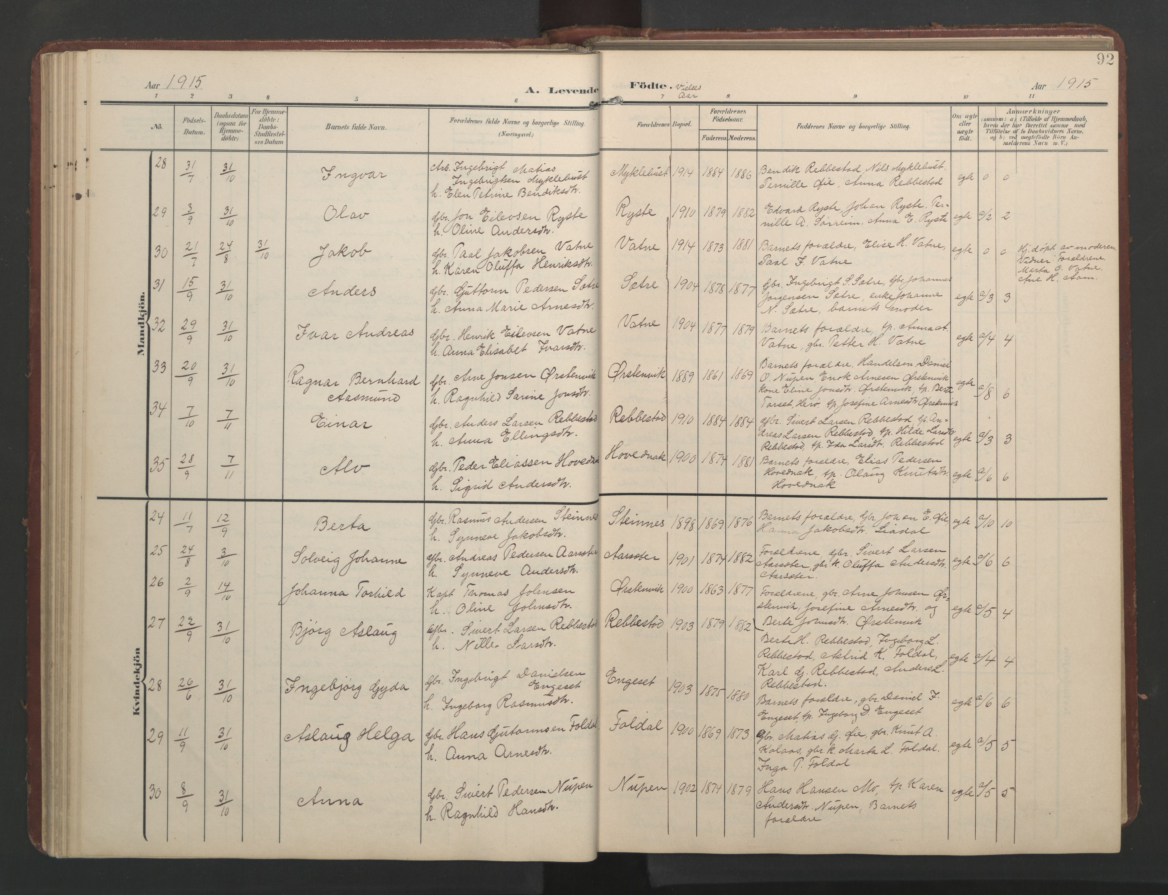 Ministerialprotokoller, klokkerbøker og fødselsregistre - Møre og Romsdal, AV/SAT-A-1454/513/L0190: Klokkerbok nr. 513C04, 1904-1926, s. 92