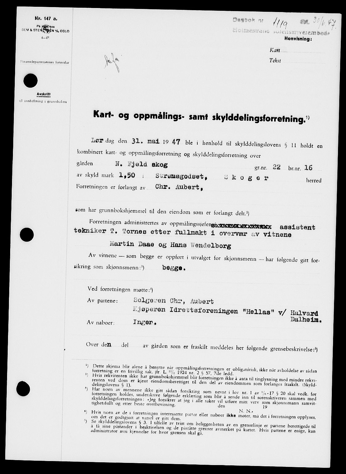 Holmestrand sorenskriveri, SAKO/A-67/G/Ga/Gaa/L0062: Pantebok nr. A-62, 1947-1947, Dagboknr: 1119/1947