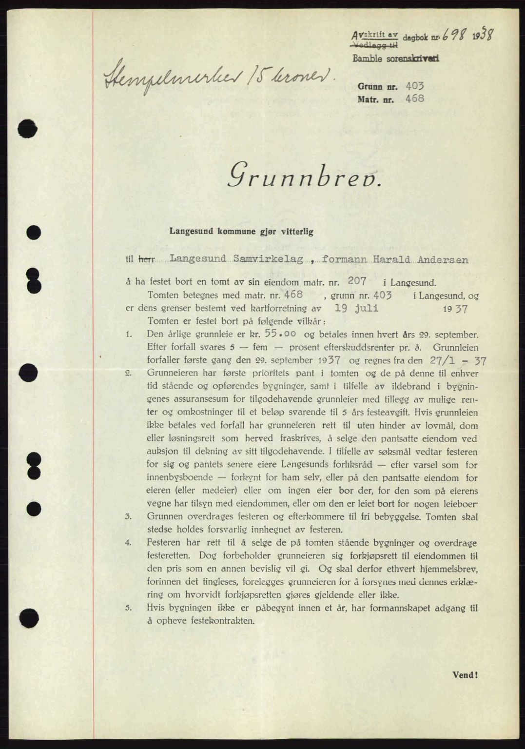 Bamble sorenskriveri, AV/SAKO-A-214/G/Ga/Gag/L0002: Pantebok nr. A-2, 1937-1938, Dagboknr: 698/1938