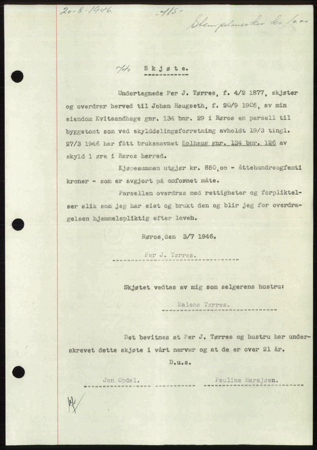 Gauldal sorenskriveri, SAT/A-0014/1/2/2C: Pantebok nr. A2, 1946-1946, Dagboknr: 740/1946