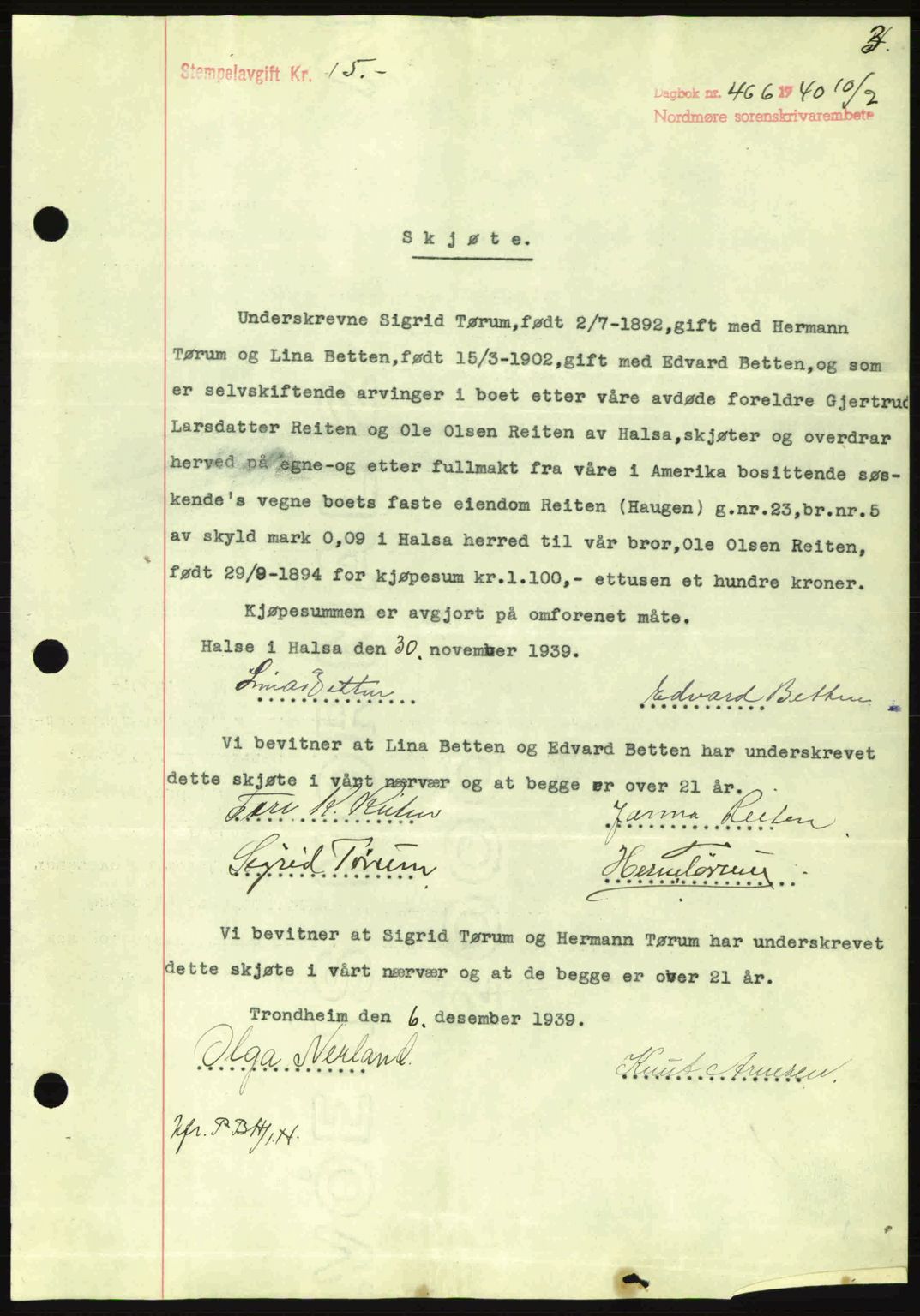 Nordmøre sorenskriveri, AV/SAT-A-4132/1/2/2Ca: Pantebok nr. A88, 1940-1940, Dagboknr: 466/1940