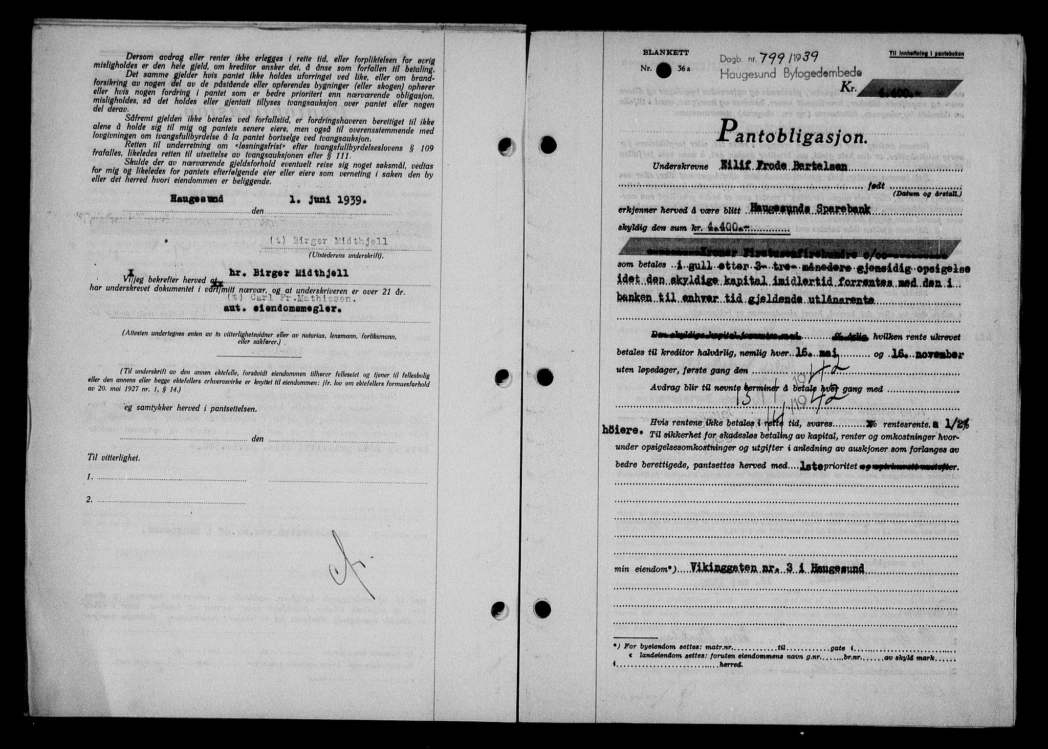 Haugesund tingrett, SAST/A-101415/01/II/IIC/L0032: Pantebok nr. 32, 1938-1939, Dagboknr: 799/1939